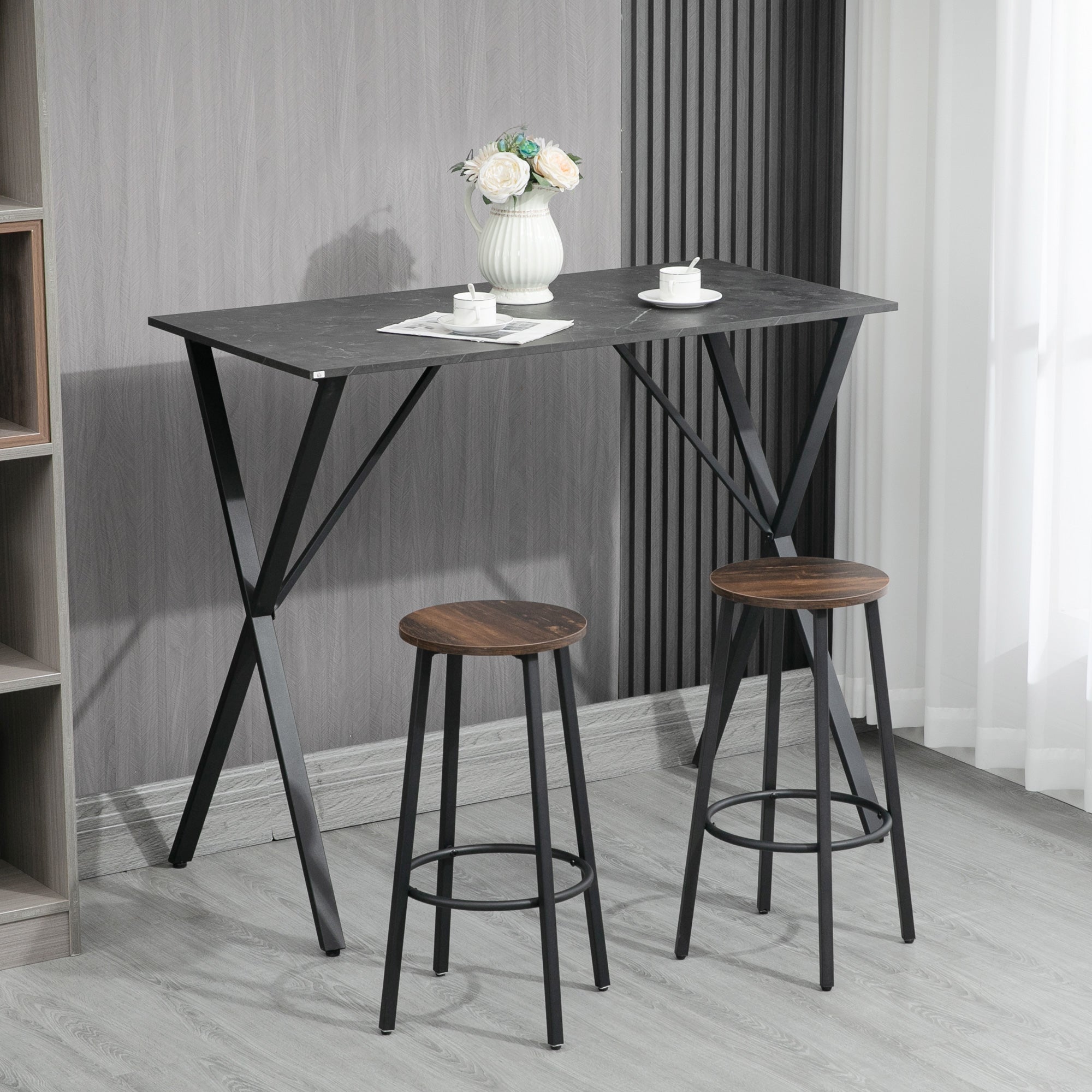 Tavolo Da Bar HomCom 118x58x98cm - Piano In MDF Effetto Marmo, Gambe In Metallo Per 4 Persone | Nero