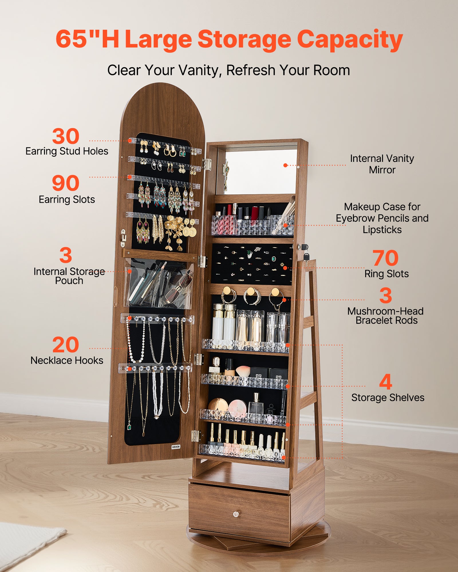 Armoire à Bijoux Pivotante VEVOR 360°, sur Pied 1650 mm avec Miroir Pleine Longueur, Tiroir, Rangement & Porte Verrouillable à 2 Clés, Pochettes - 3