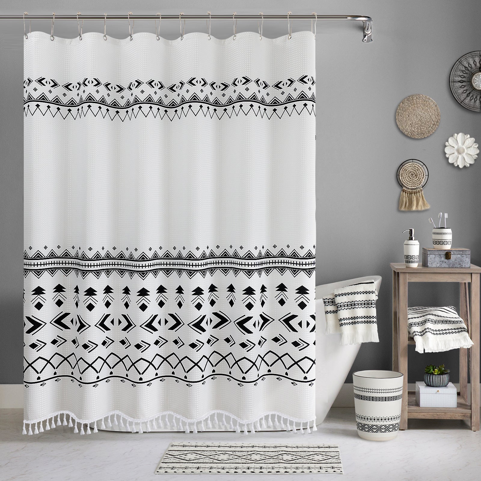 Zasłona prysznicowa 180 x 180 cm Biała boho zasłona prysznicowa Wodoodporna, drukowana poliestrowa zasłona prysznicowa