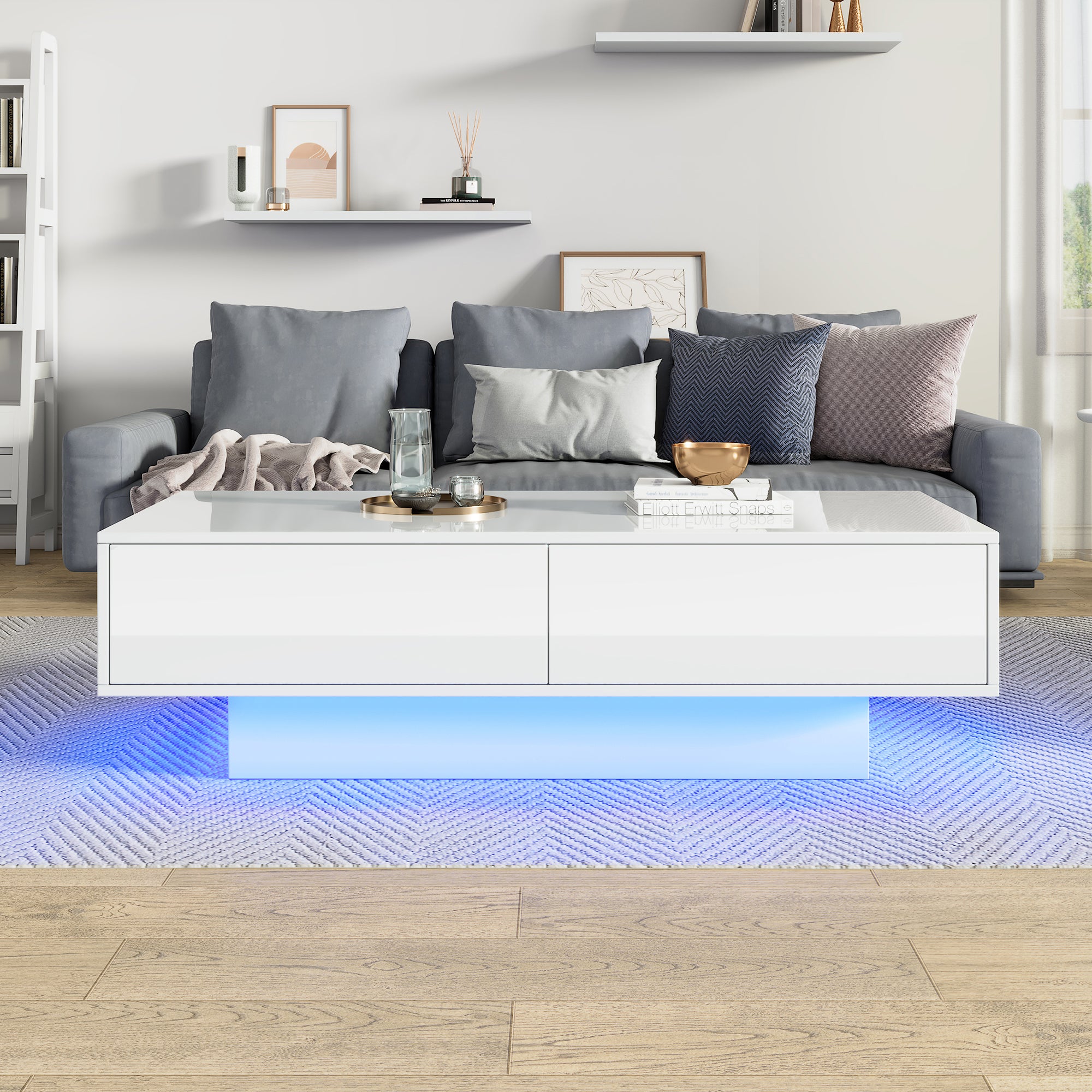 Table basse moderne laquée blanche brillante, 115 x 55 x 34 cm, avec 2 tiroirs, éclairage LED– Élégante table de salon - 2