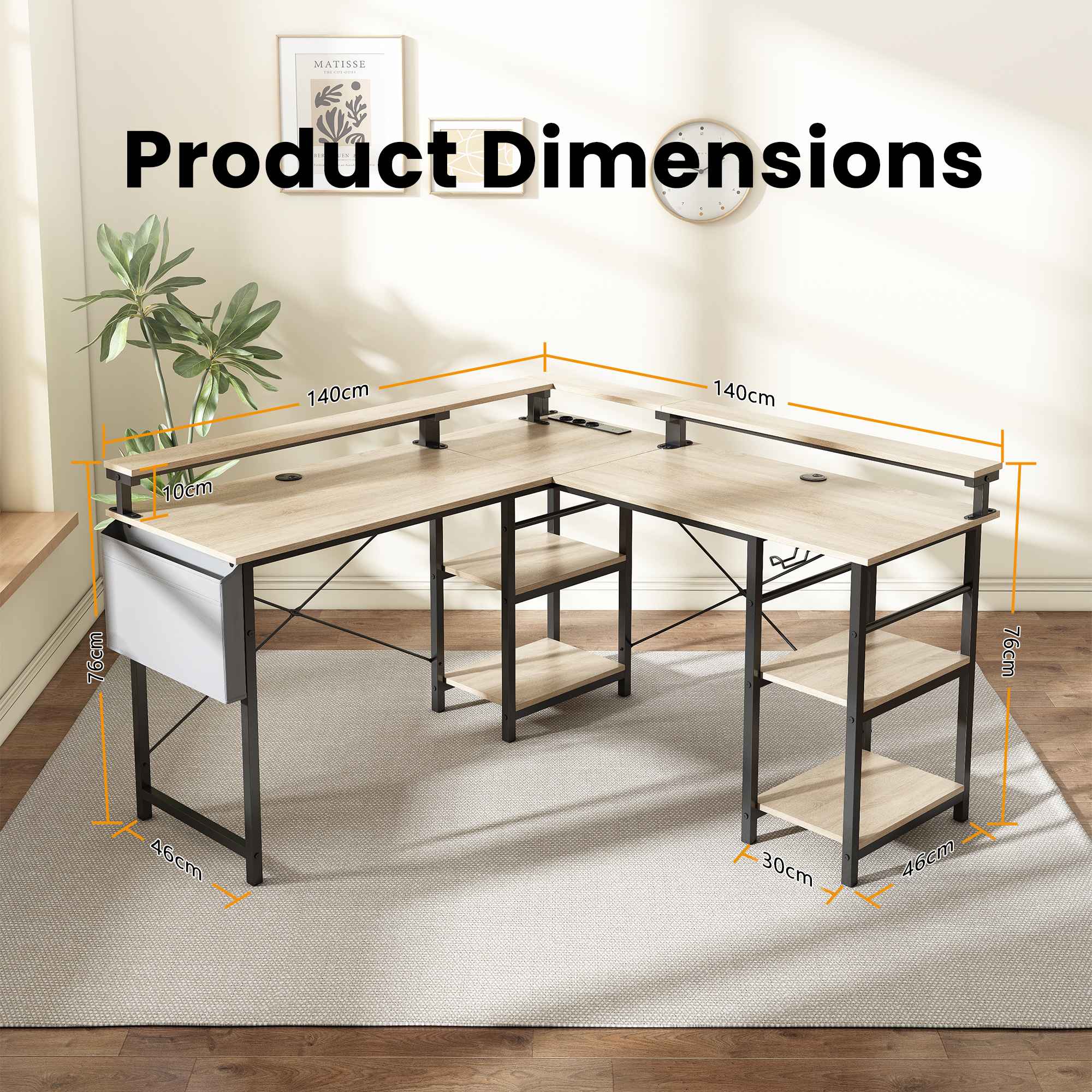 Bureau Gaming en L avec LED et Prises – 140x140 cm, Réversible avec Étagères Ajustables et Support Écran. - 3