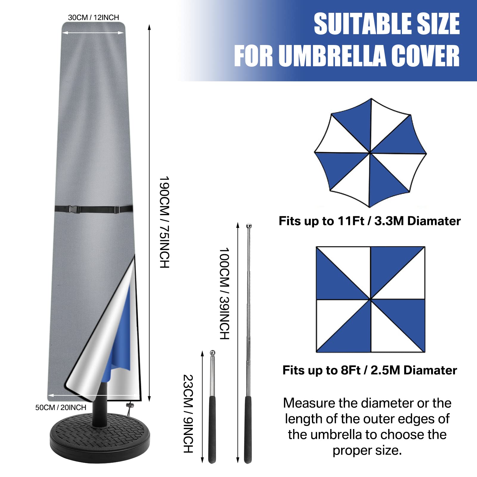 Housse de protection pour parasol de jardin de 2 à 3 m avec fermeture éclair et mât, imperméable et résistante, grise - 2