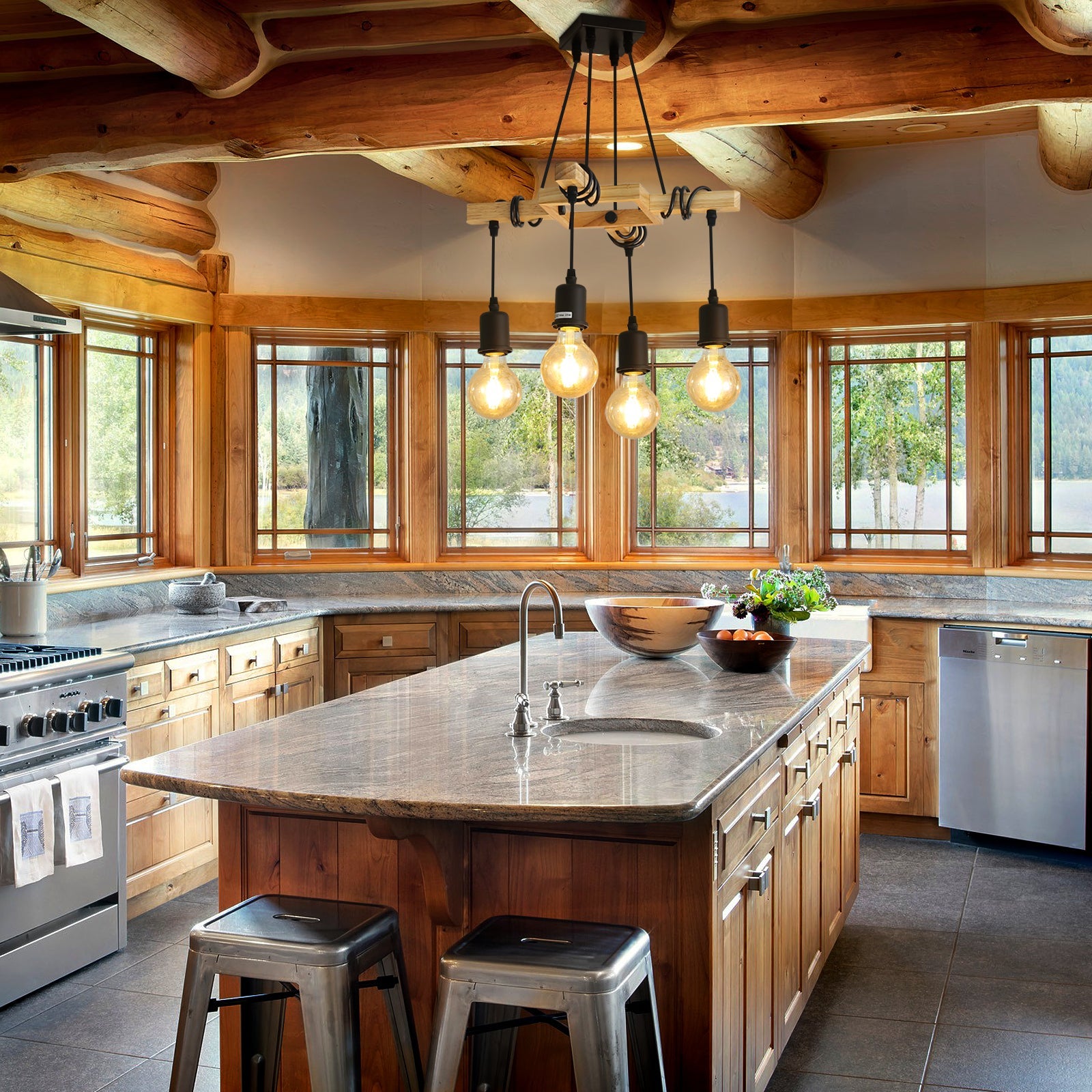 GOECO Suspension Luminaire Industrielle, Luminaire Plafonnier Vintage en Bois Noir, 4 culots E27, Lustre Industrielle pour salon Salle à manger - 3