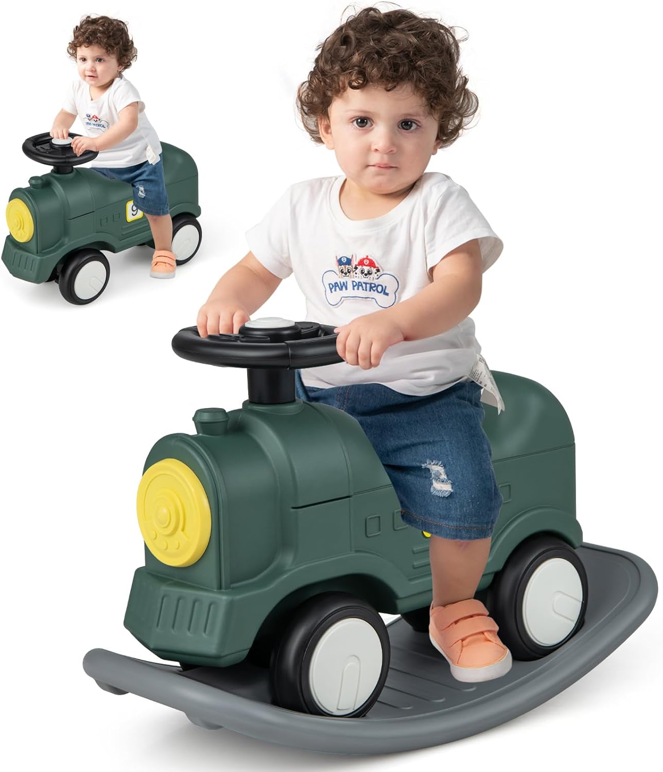GOPLUS Caballo Balancín 3 en 1 para Niños, Caballito Balancín con Almacenamiento Oculto, 4 Ruedas Universales, Caballo Mecedora Infantil Convertible en Correpasillos y Tabla de Equilibrio Desmontable