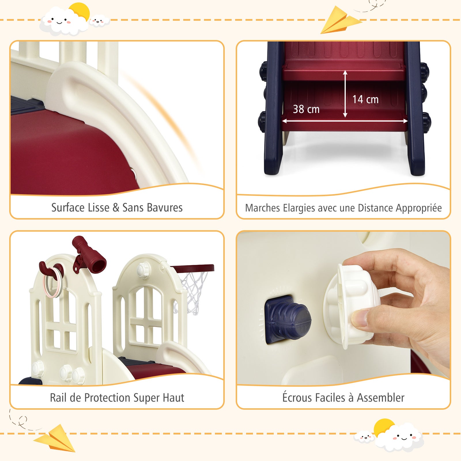 Toboggan 6 en 1 pour Enfant - Glisse de 140 CM - avec Panier de Basket, Escalade, Bleu - 8