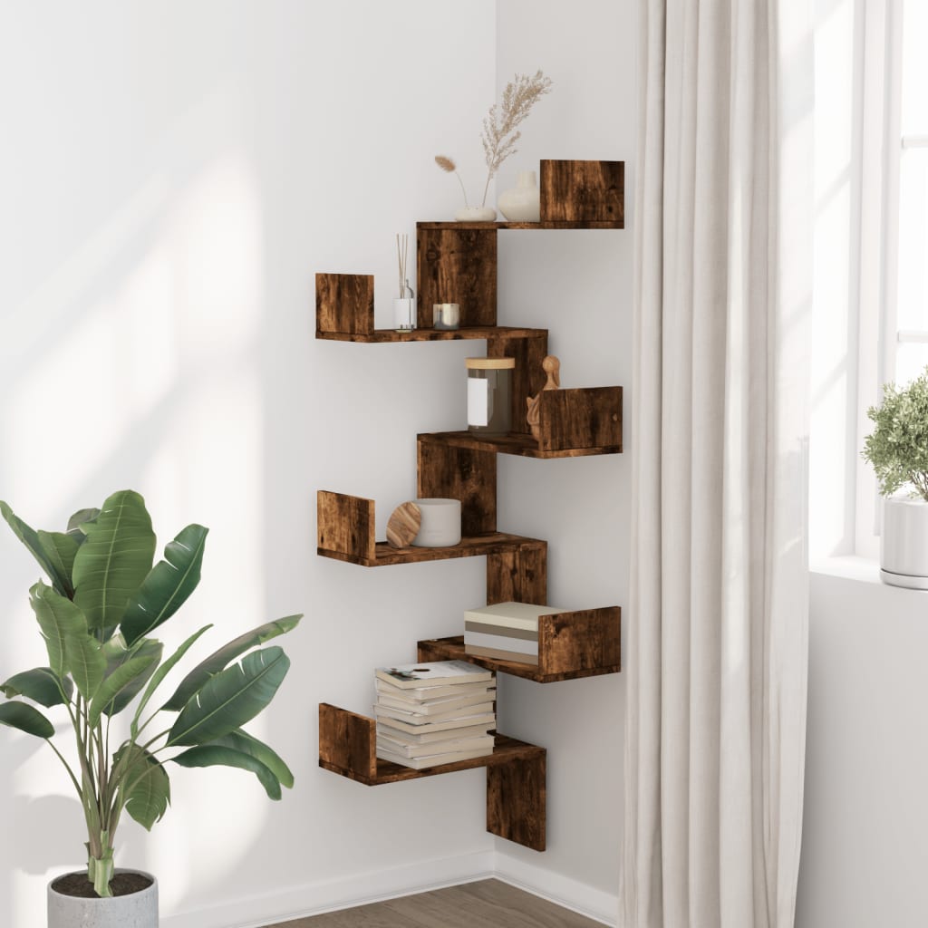 Étagère d'angle murale | Étagère flottante | Étagères de rangement chêne fumé 45x45x147cm bois d'ingénierie CFW97542 - 3
