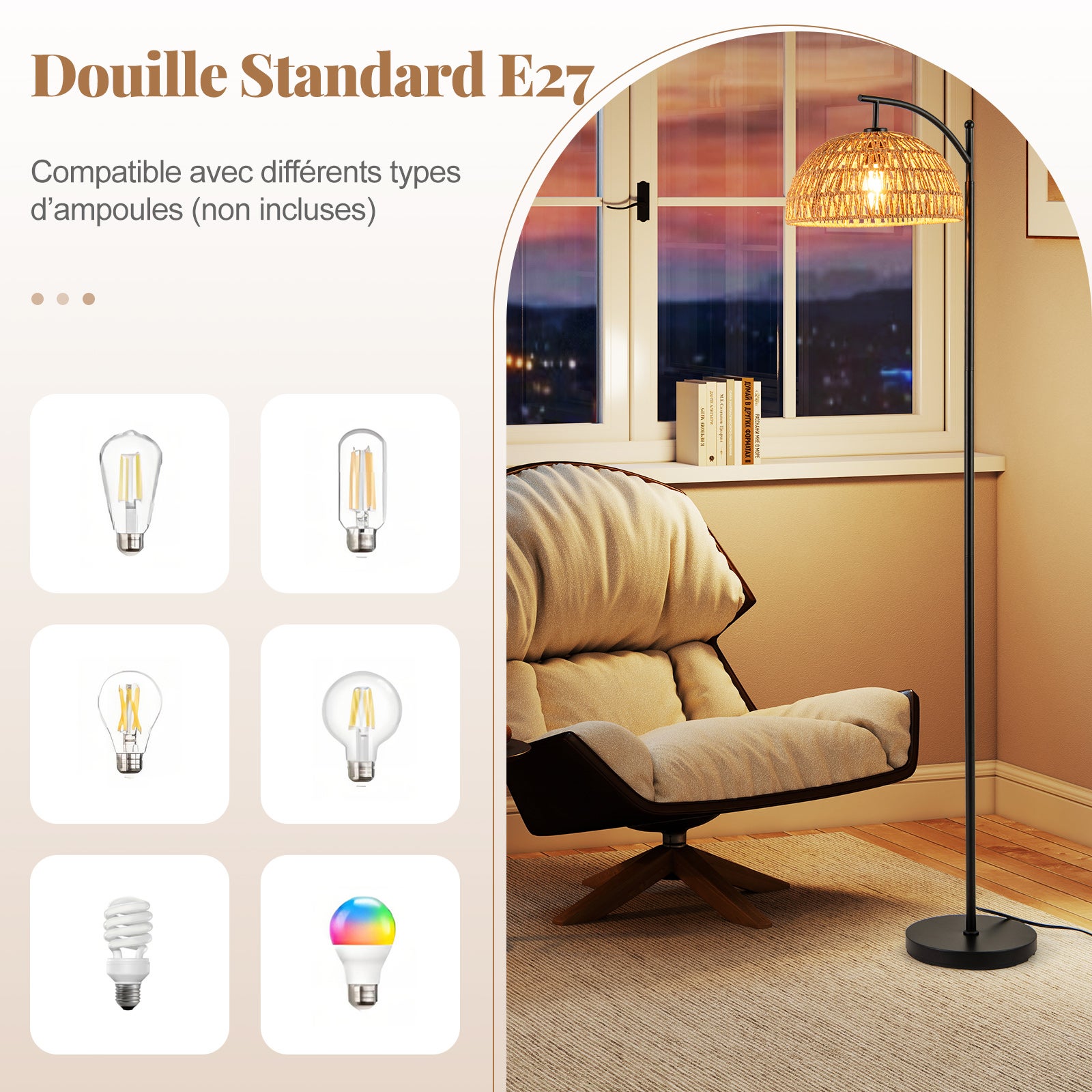 Lampadaire Arc Moderne 160 CM avec Abat-Jour Suspendu, Douille Standard E26 et Interrupteur à Pédale, Lampe Debout pour Salon, Chambre - 3