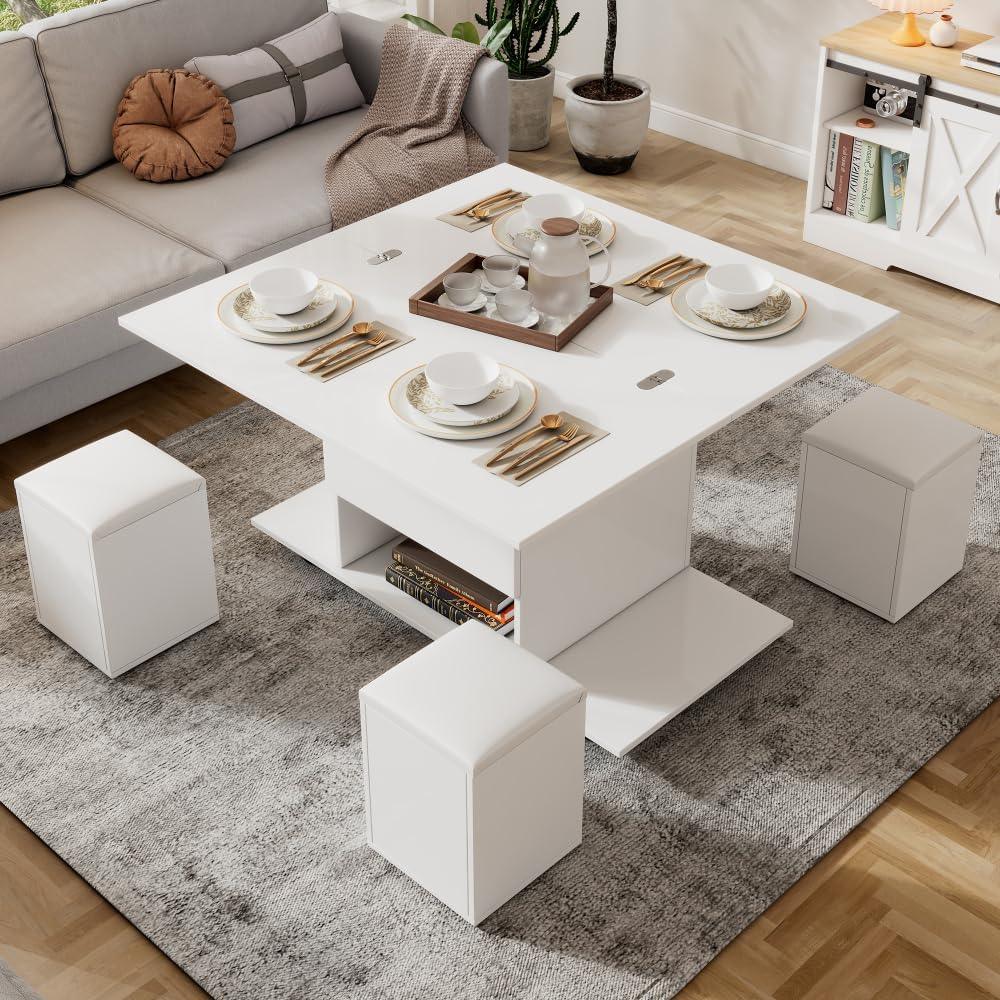 Table Basse avec 2 Plateau Relevable, Table de Salon 3 en 1, avec 4 Tabouret, Rangement Caché et Ouvert, 100 x 100 x 63.5 cm - 7
