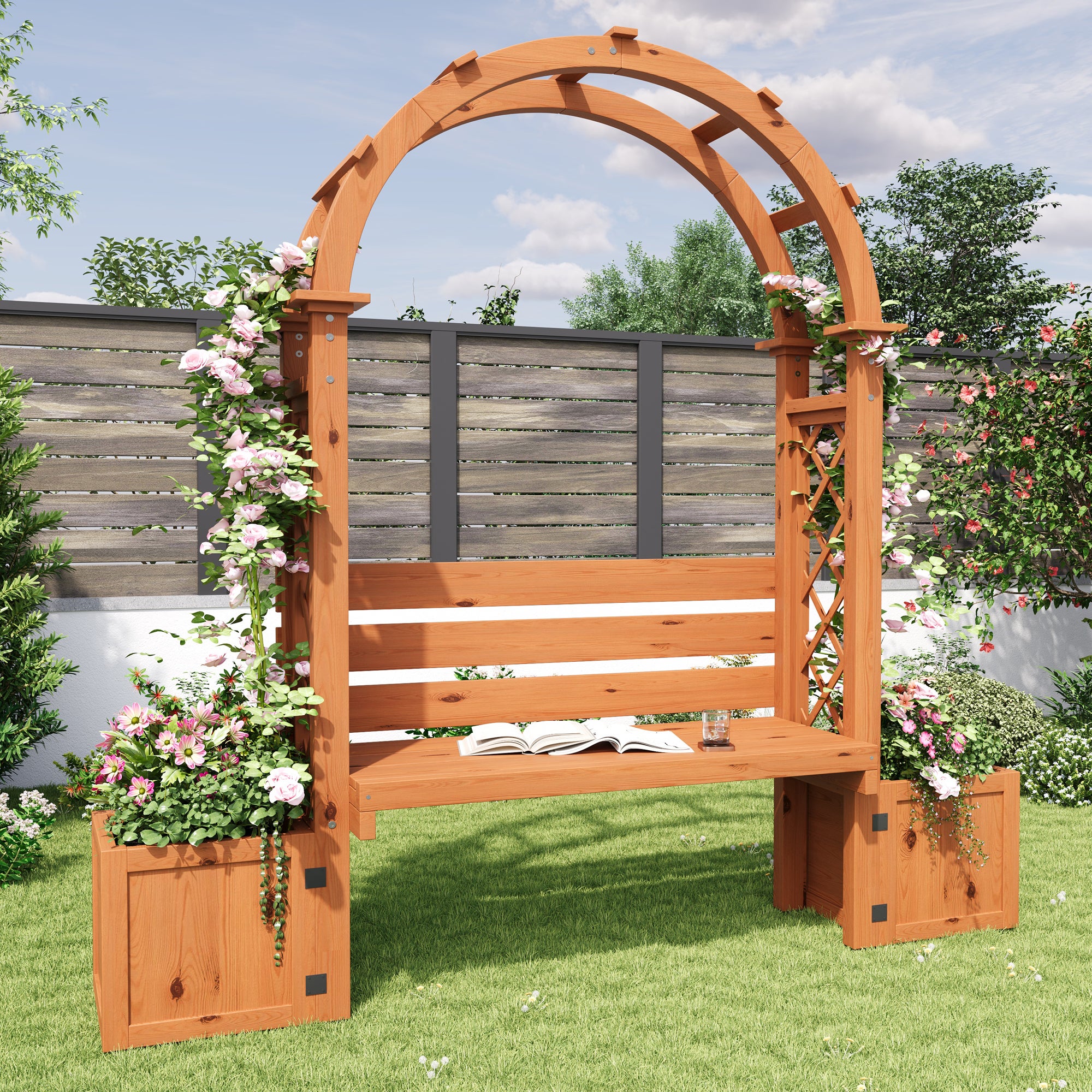 Jardinière sur Pièds avec Treillis en Bois massif + 1 Banc 2 Places - 160 x 30.5 x 160 cm - Naturel - 7