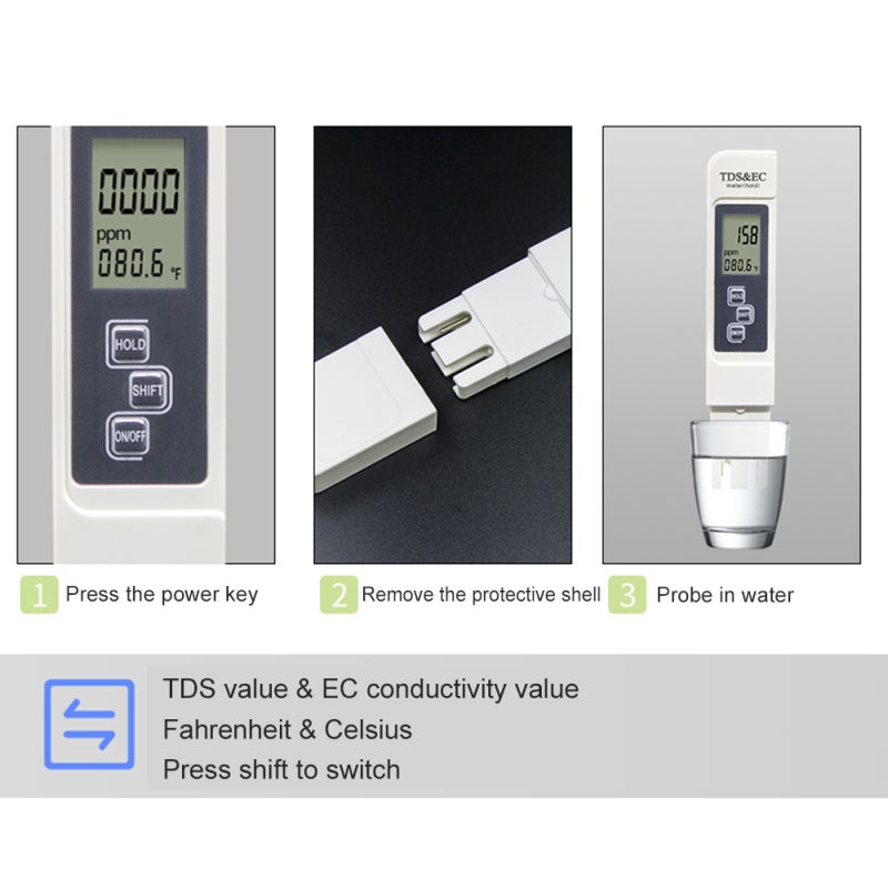 Testeur de qualité eau 3 en 1 TDS EC, affichage numérique température (eau potable, aquariums, piscines, spas) - 5
