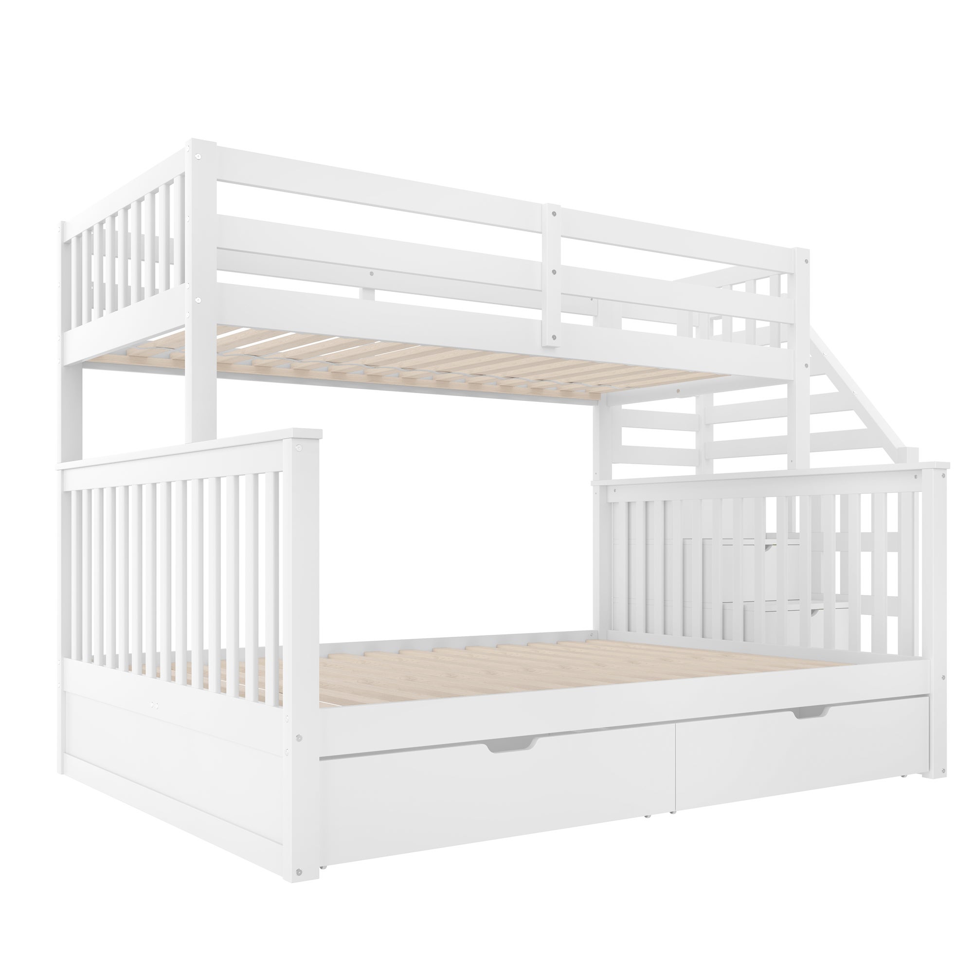Lit superposé enfant 90x200cm et 140x200cm avec 2 tiroirs et un escalier de rangement, bois, blanc - 7