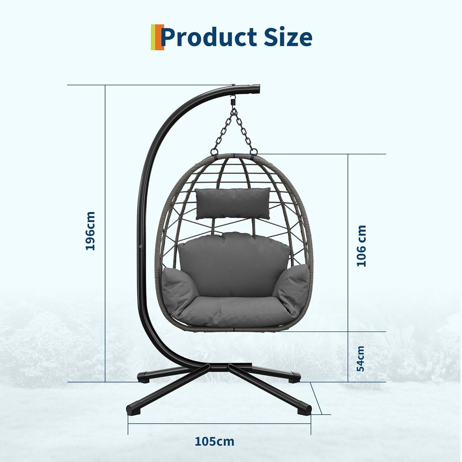 Fauteuil œuf suspendu en rotin avec support et coussin, pliable avec housse de protection, max 130 kg, pour intérieur et extérieur - 2