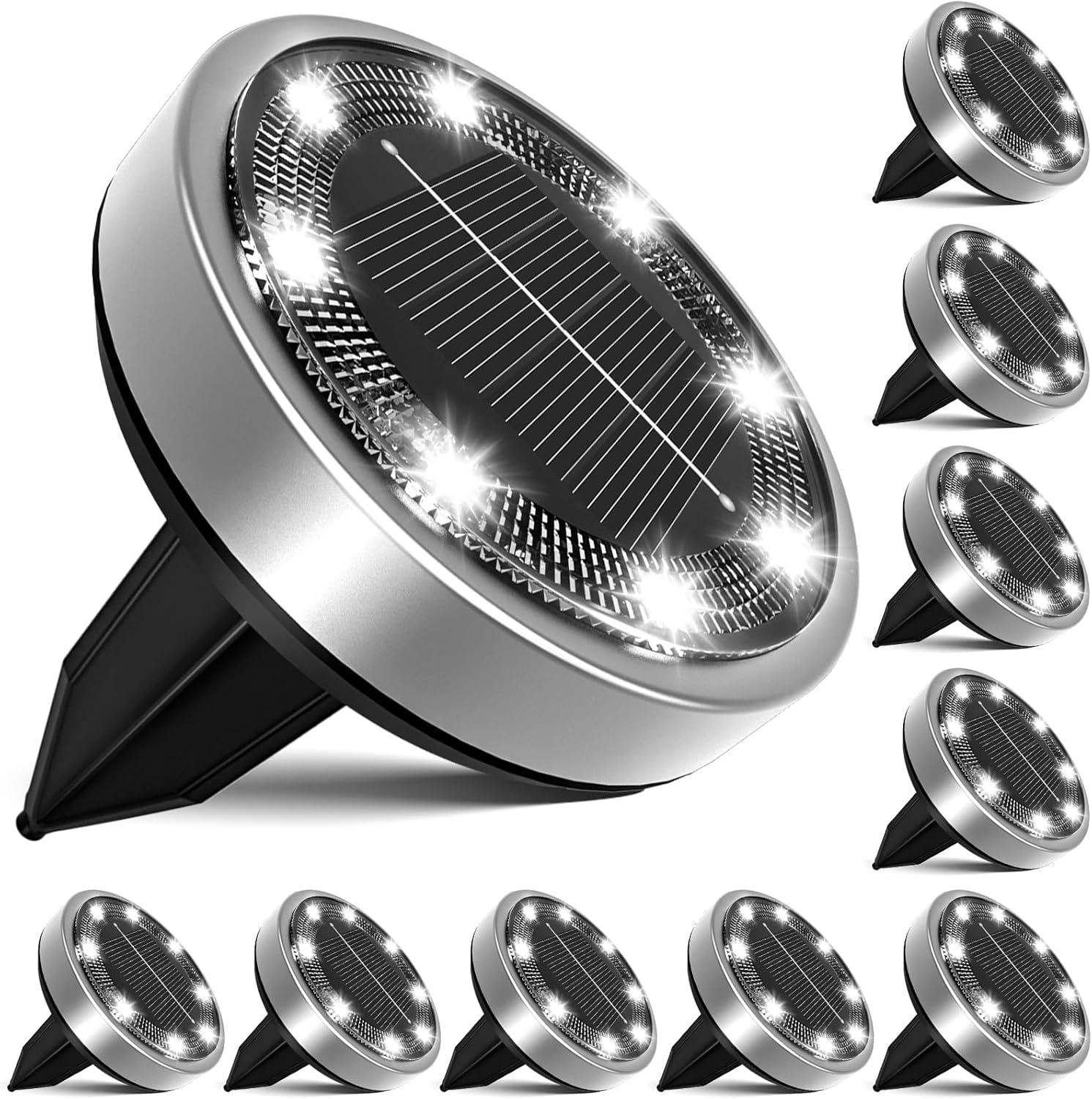Lampa solarna, lampa gruntowa LED, lampa ogrodowa, 8 diod LED, wodoodporna, [zimne białe światło], opakowanie 10 szt.
