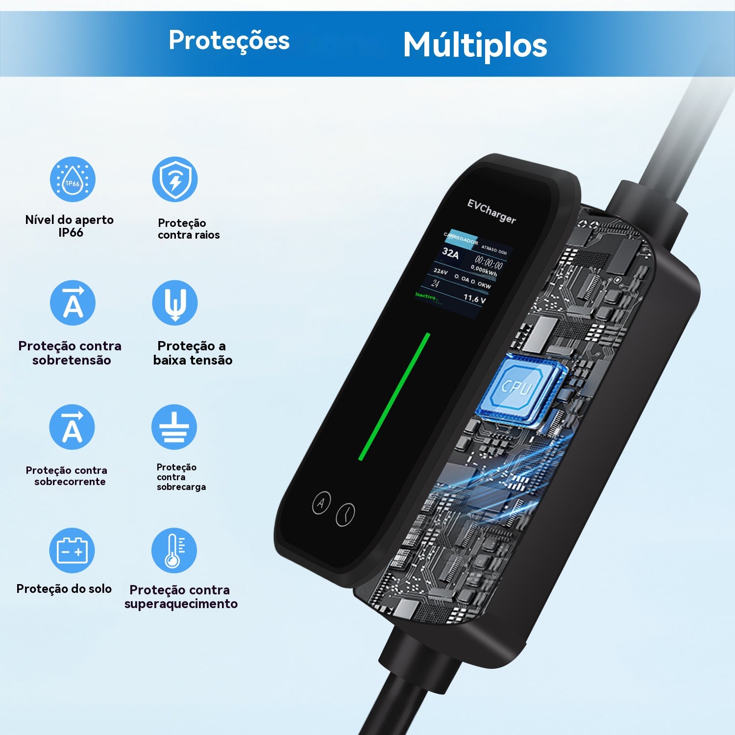 Carregador para Veículos Elétricos 7 kW 32A Monofásico Tipo 2 - Cabo de 6 m com tomada CEE 7/7, Adaptador, Certificação IEC62196 & IP65 HEXINE - 7