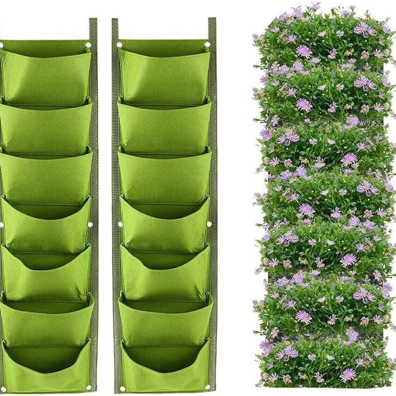 Wiszące torby do sadzonek, zestaw 2 szt., 7 kieszeni, do pionowego ogrodnictwa ściennego, zielona doniczka do użytku wewnątrz i na zewnątrz (zielona)