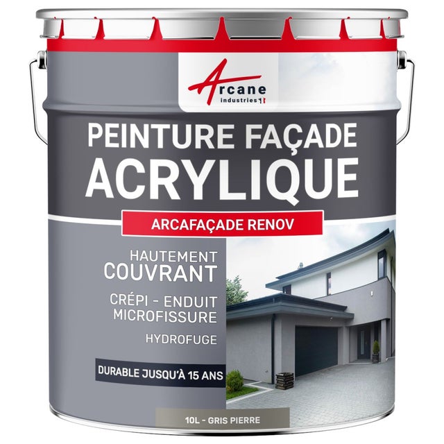 Peinture Façade - Peinture Hydrofuge Acrylique 14 couleurs - 10 L (+ ou - 60 m² en 1 couche) Gris pierre - RAL 7030 - ARCANE INDUSTRIES
