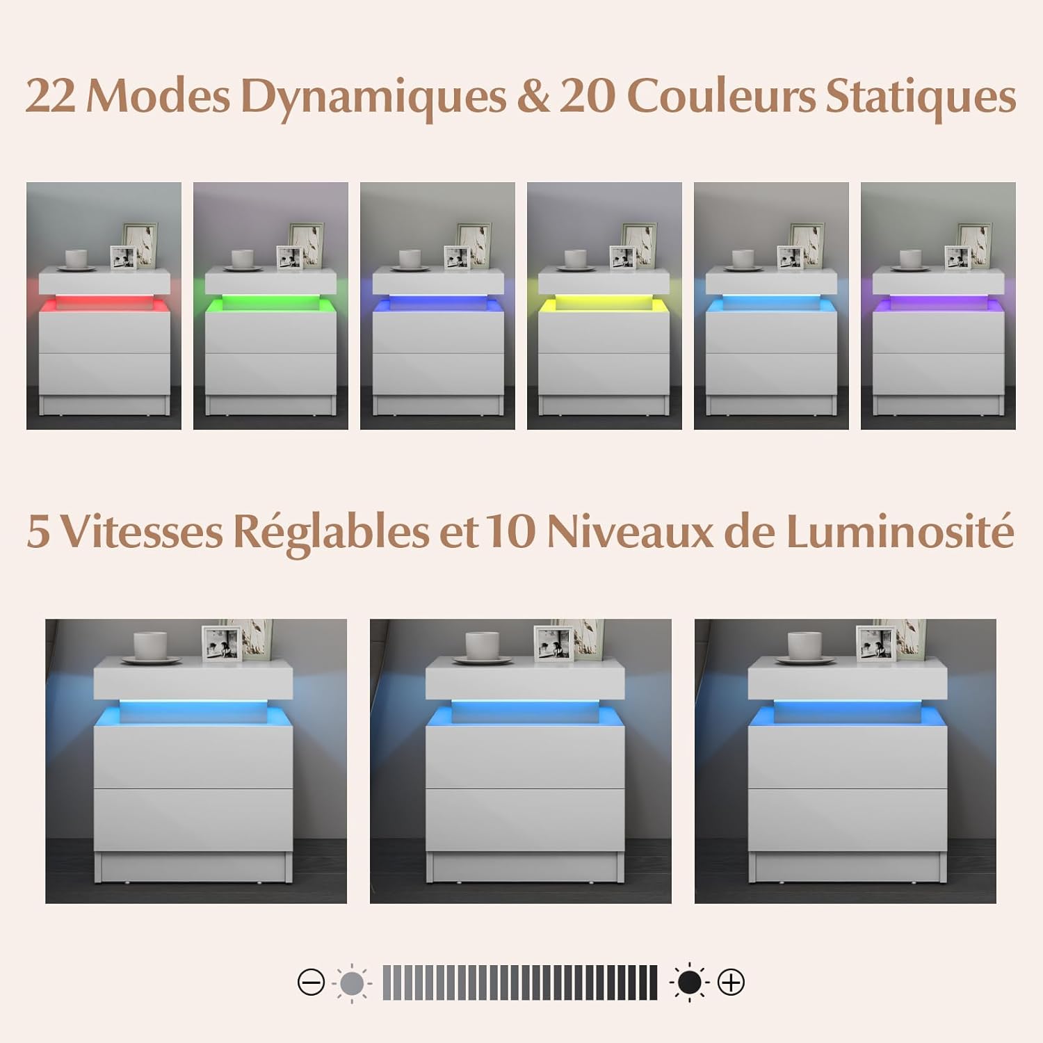 Comodino LED, comodino in finto marmo con 2 cassetti, illuminazione LED a 20 colori, telecomando, tavolino da salotto, 45 x 35 x 52 cm (bianco) - 4