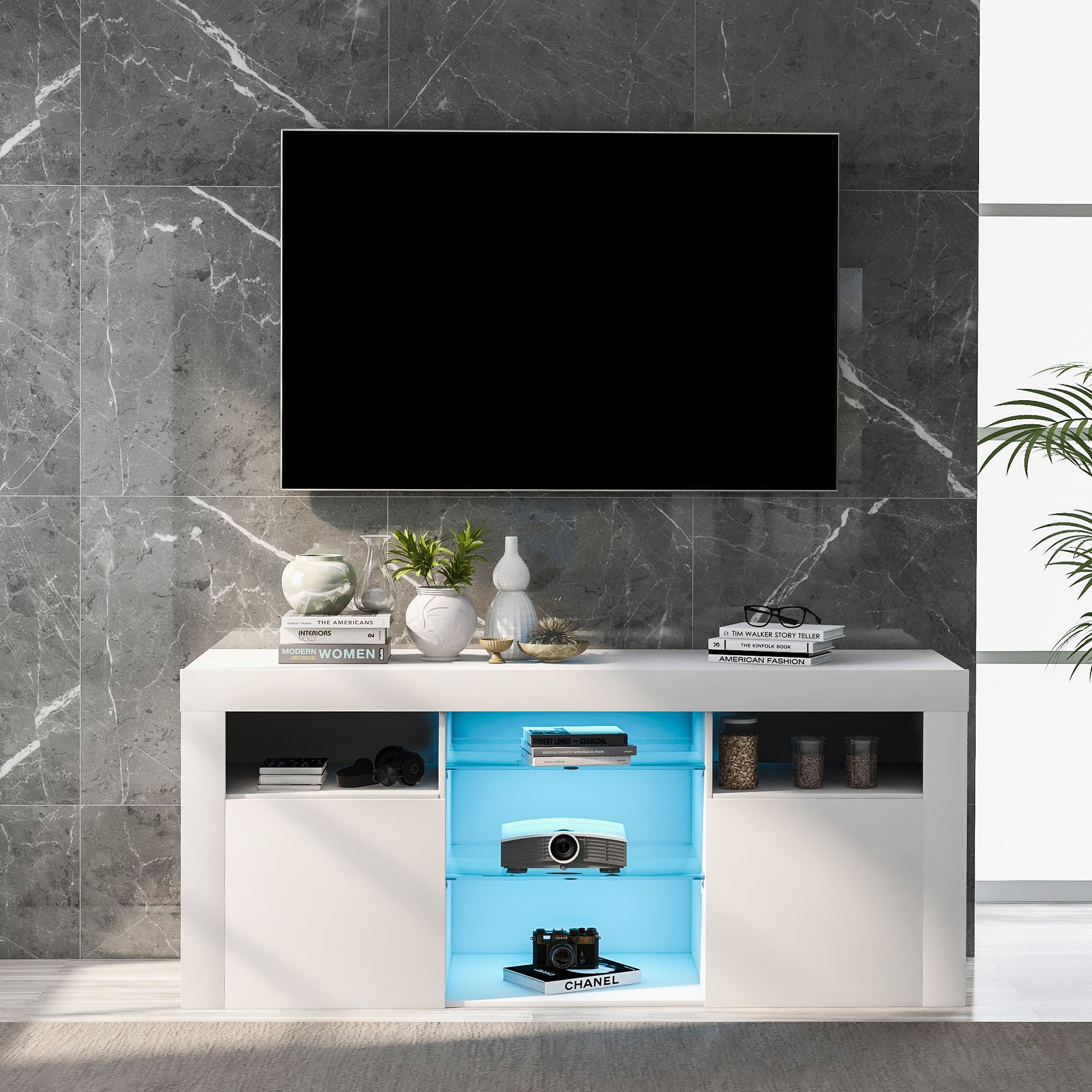 Biała szafka pod telewizor z 2 drzwiami i 5 otwartymi półkami z 16-kolorowym oświetleniem LED, 120*35*50 cm