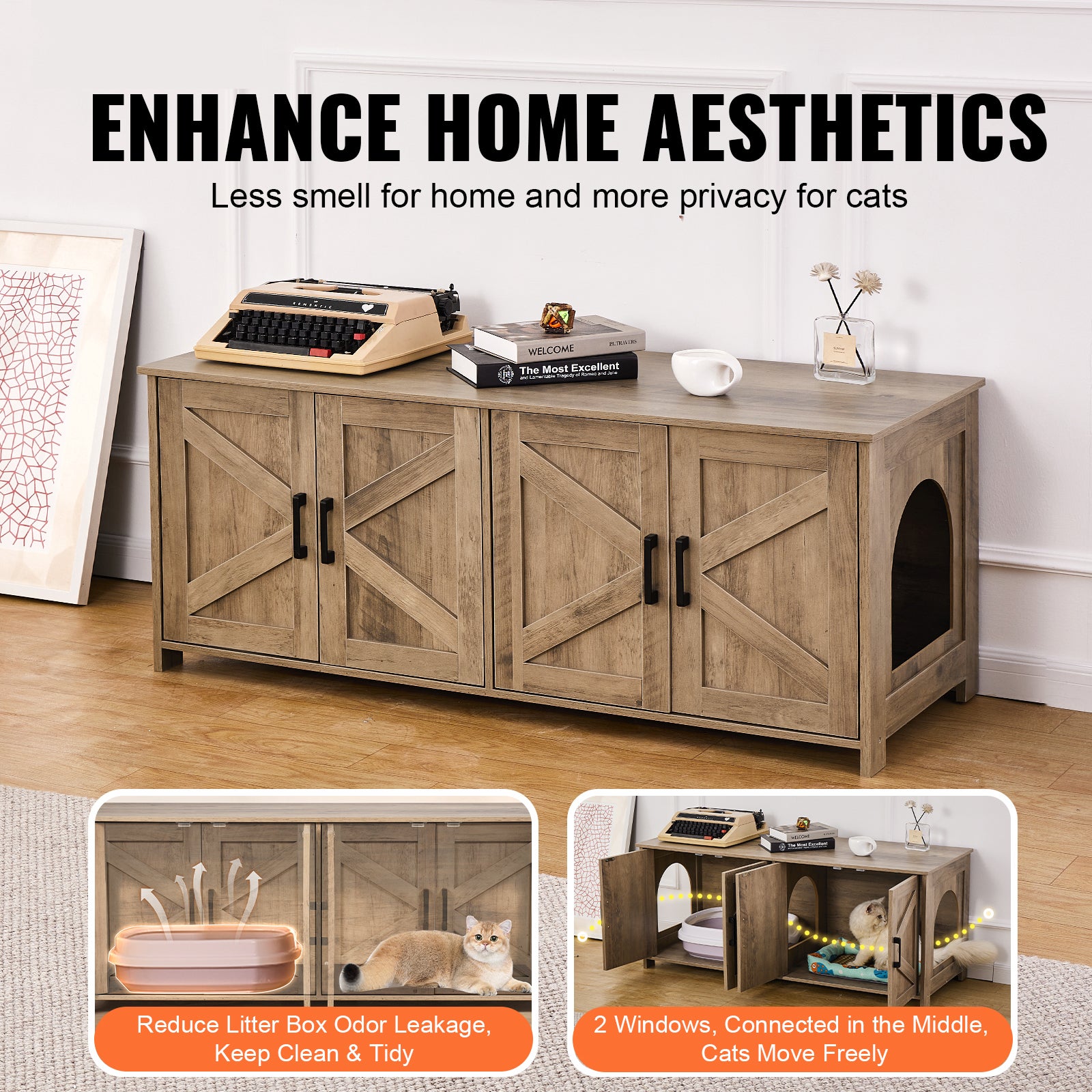 Bac à litière pour 2 chats,SucceBuy armoire en bois grège,47,2