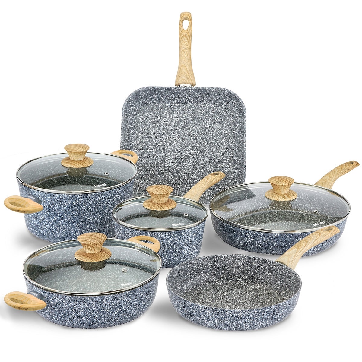 Lot De 5 Poêles Antiadhésives Jade - Aluminium Bleu Avec Couvercles - Neuf