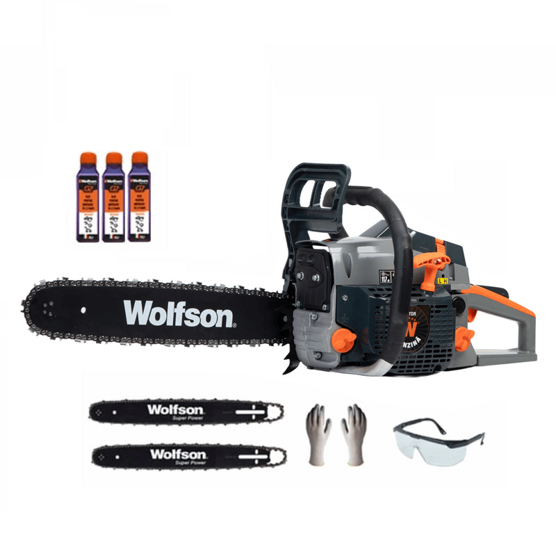 Drujba pe benzina WOLFSON STX-580, 2.6CP, 52CC, 2 lame + 2 lanturi Cadou Ochelari + Manusi + 3 Ulei 0.1L