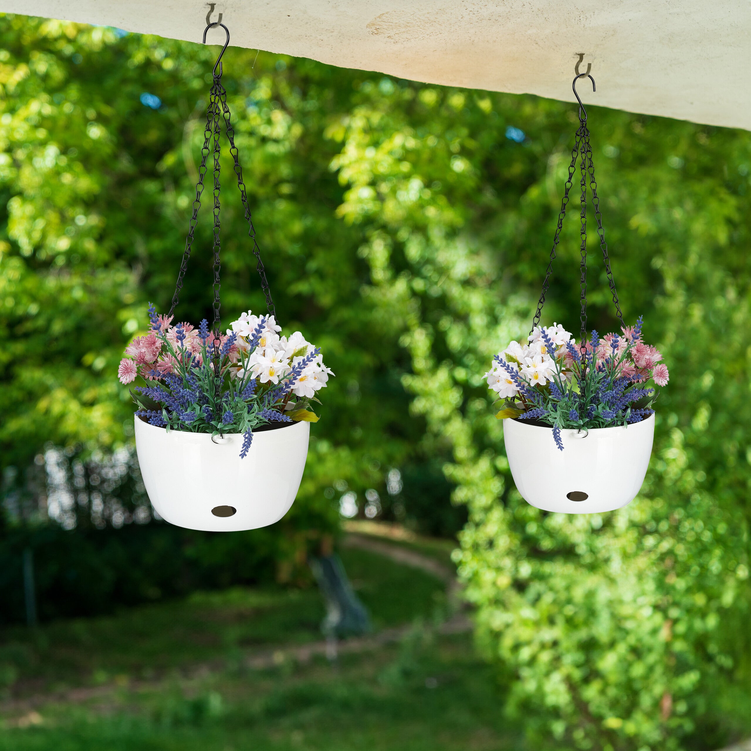 pot de fleurs avec réservoir d'eau, lot de 2, HxD : 56x20,5 cm, suspension plantes, trou, plastique, blanc, Relaxdays - 5