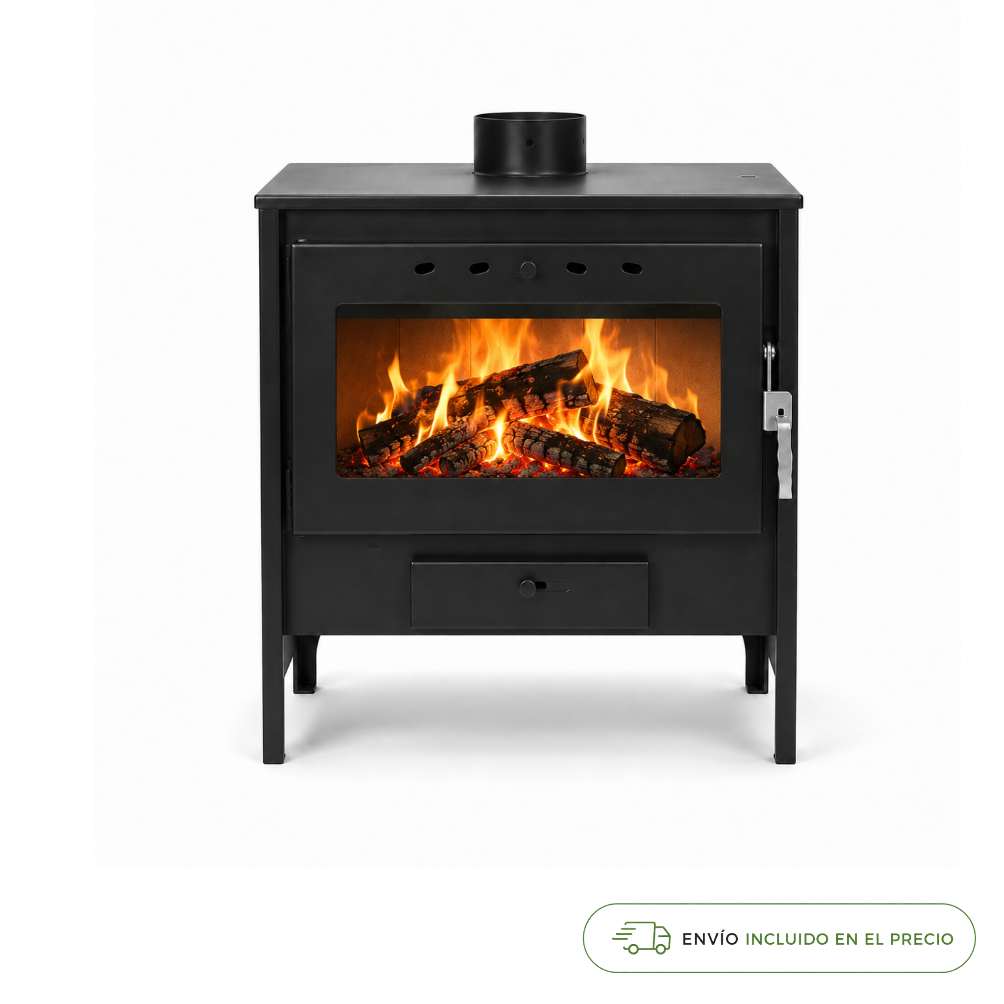 Estufa de leña CAPRI – Potencia nominal 12,7 kW – Rendimiento 78 % – Hasta 315 m³ – Clase A