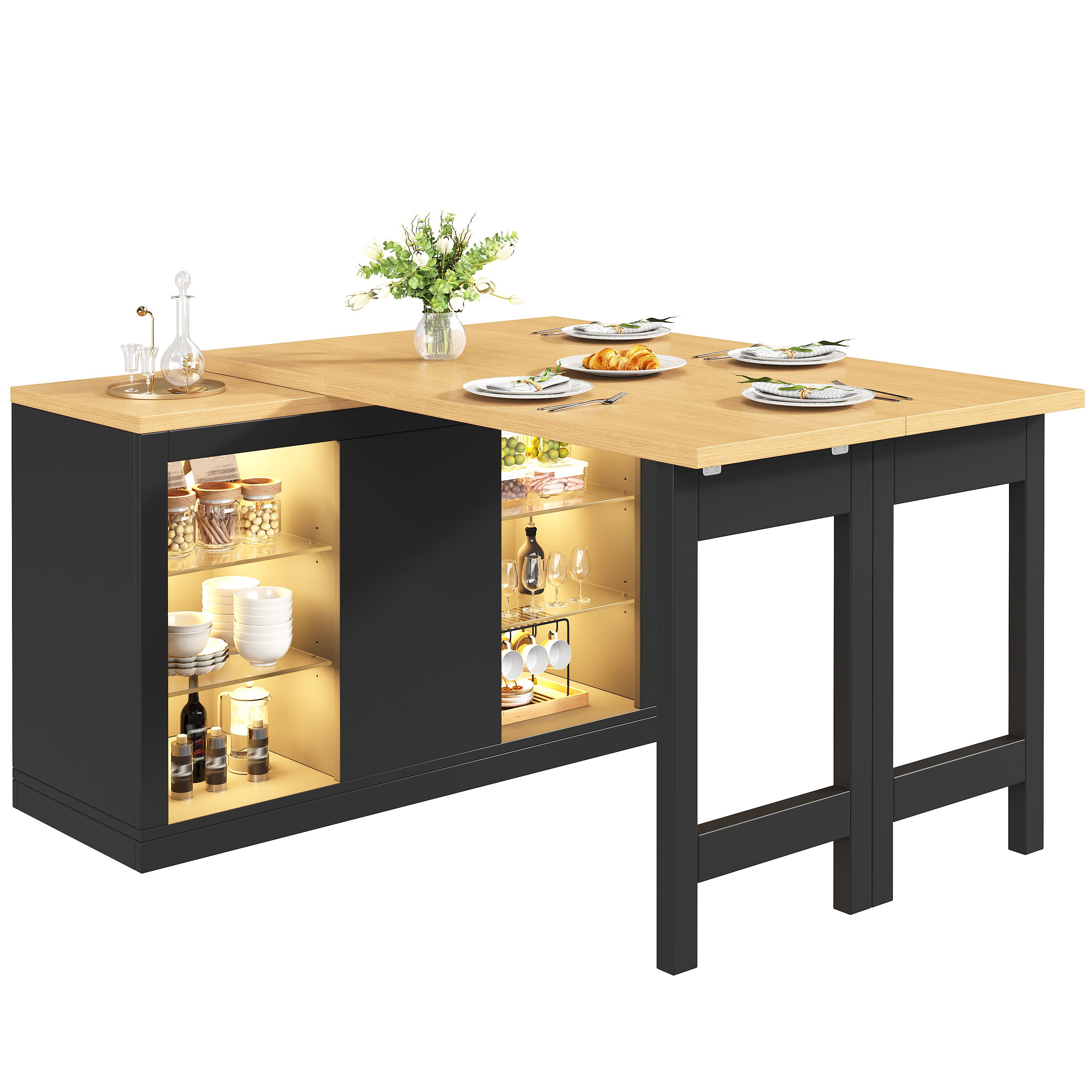 Table de cuisine îlot extensible 120-197x40x72 cm, rotation 360°, avec LED RGB, portes magnétiques, étagères en verre, MDF, Noir - 9
