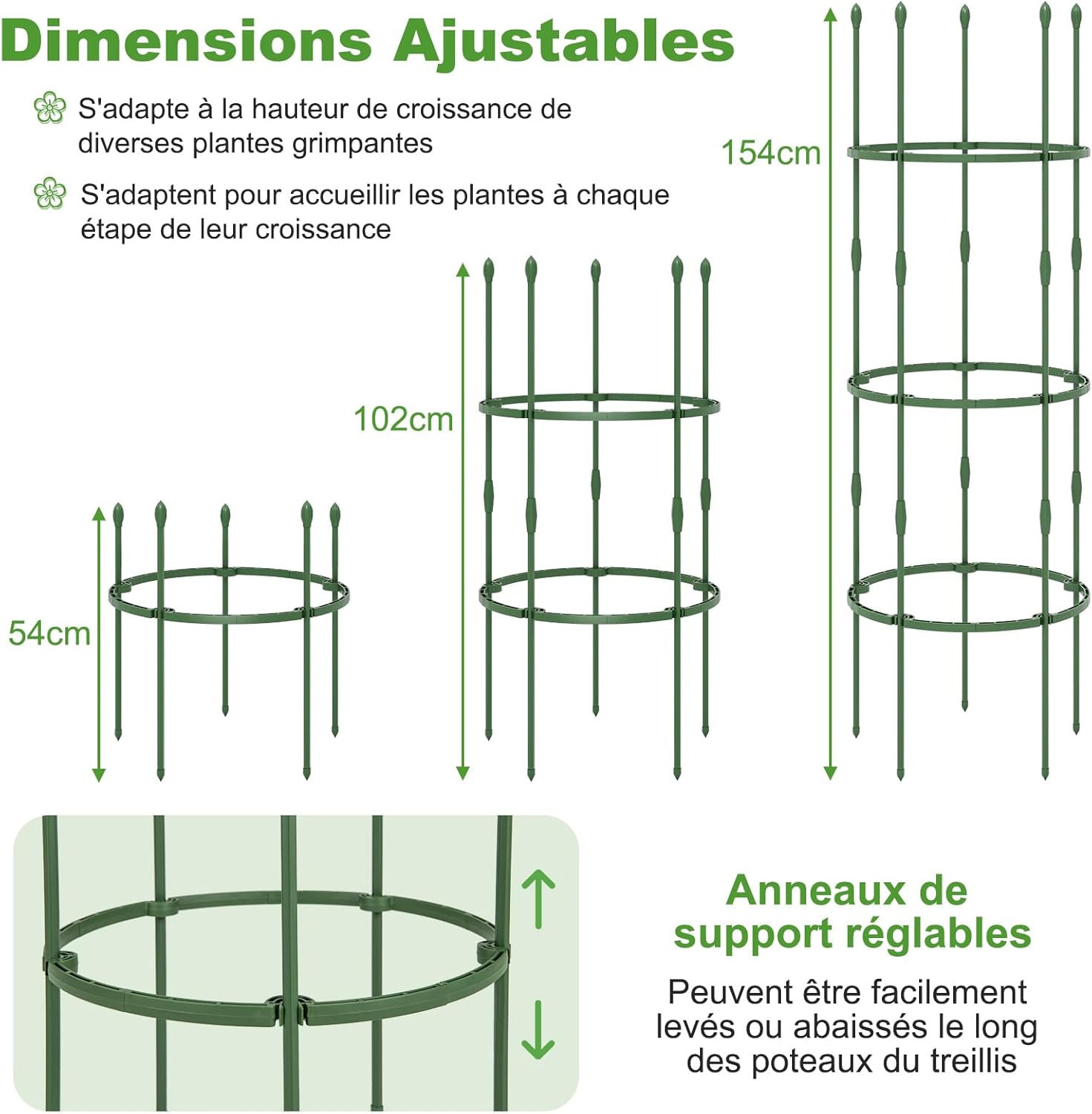 3 Pezzi Obelisco per Rampicanti 165 cm, Supporti per Piante 2 in 1 con Clip e Fascette, Traliccio da Giardino per Piante Rampicanti, Pomodori - 4