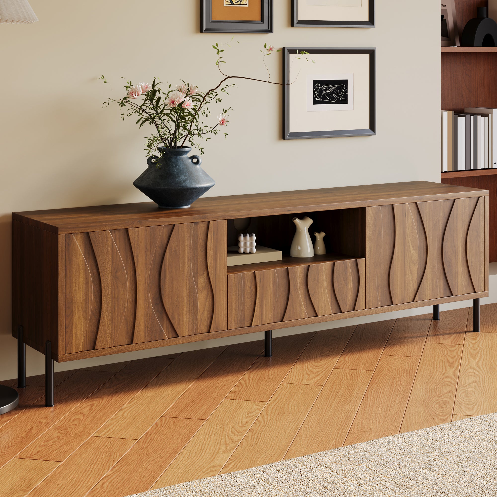 Stolik pod TV z 2 drzwiami, 1 szufladą i 1 otwartą przegrodą - 160 x 35 x 46 cm - MDF i metalowe nogi - Naturalny - 9