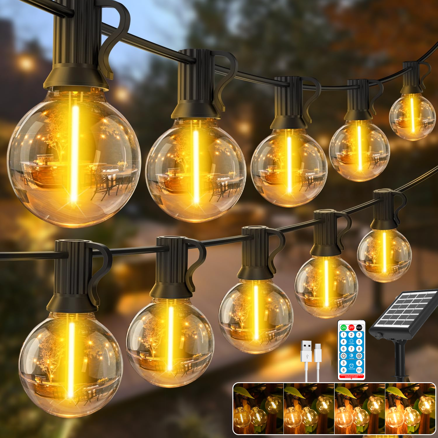 Solarna girlanda świetlna zewnętrzna 7 m, Lampa ogrodowa ładowana przez USB z pilotem i 10 żarówkami LED G40, 8 trybów, IP44 (zestaw 2 szt.)