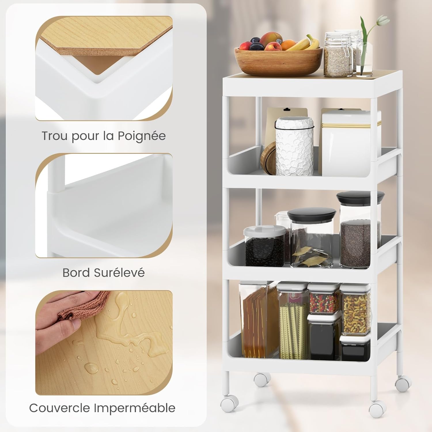 Carrello da Cucina a 3/4 Piani, Carrello con Vassoio Staccabile e Ruote Bloccabili, Carrello Multiuso per Cucina Bagno Lavanderia Spazi Strett - 9