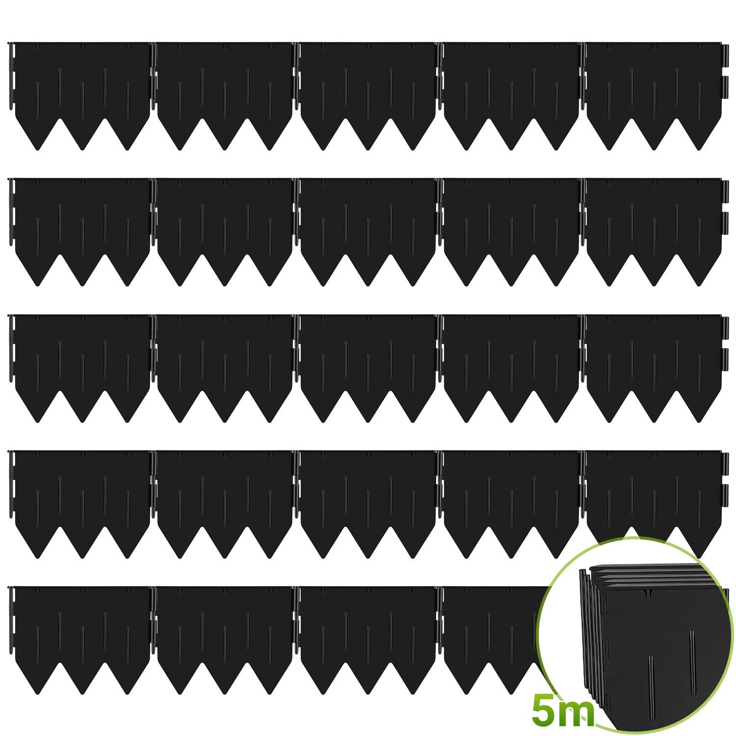 Obramowanie ogrodu – kompletny zestaw 5 m (25 sztuk 20 x 15 cm) z wbudowanym kotwiczeniem, profil trójkątny – wytrzymałe czarne tworzywo sztuczne