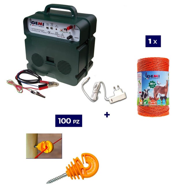 Kit recinto elettrico con 1x Elettrificatore doppia alimentazione 12V / 220V + 1x Filo 500MT 4Mm² + 100pz isolatori per pali in legno - per cinghiali