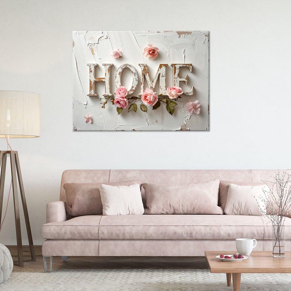 Obraz do salonu sypialni biura, Napis Home róże Typografia shabby chic 90x60 - 2