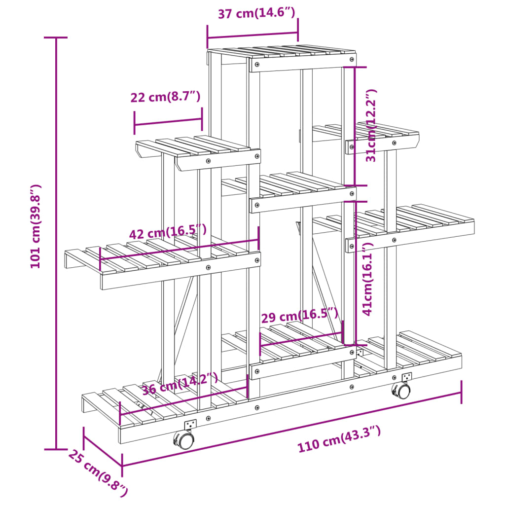 Maison Exclusive - Support à fleurs avec roues 110x25x101 cm bois massif de sapin - 8