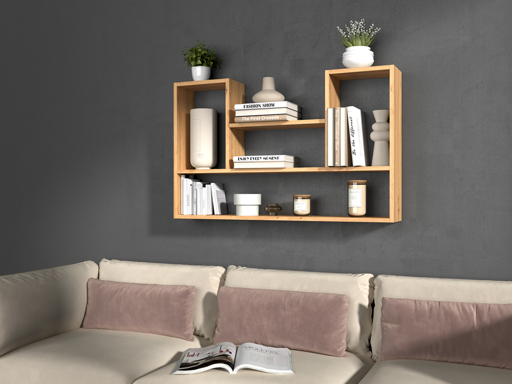 LULU - Bibliothèque à suspendre - Etagère murale - 100x60x16 cm - Rangement mural salon - Chêne - 6
