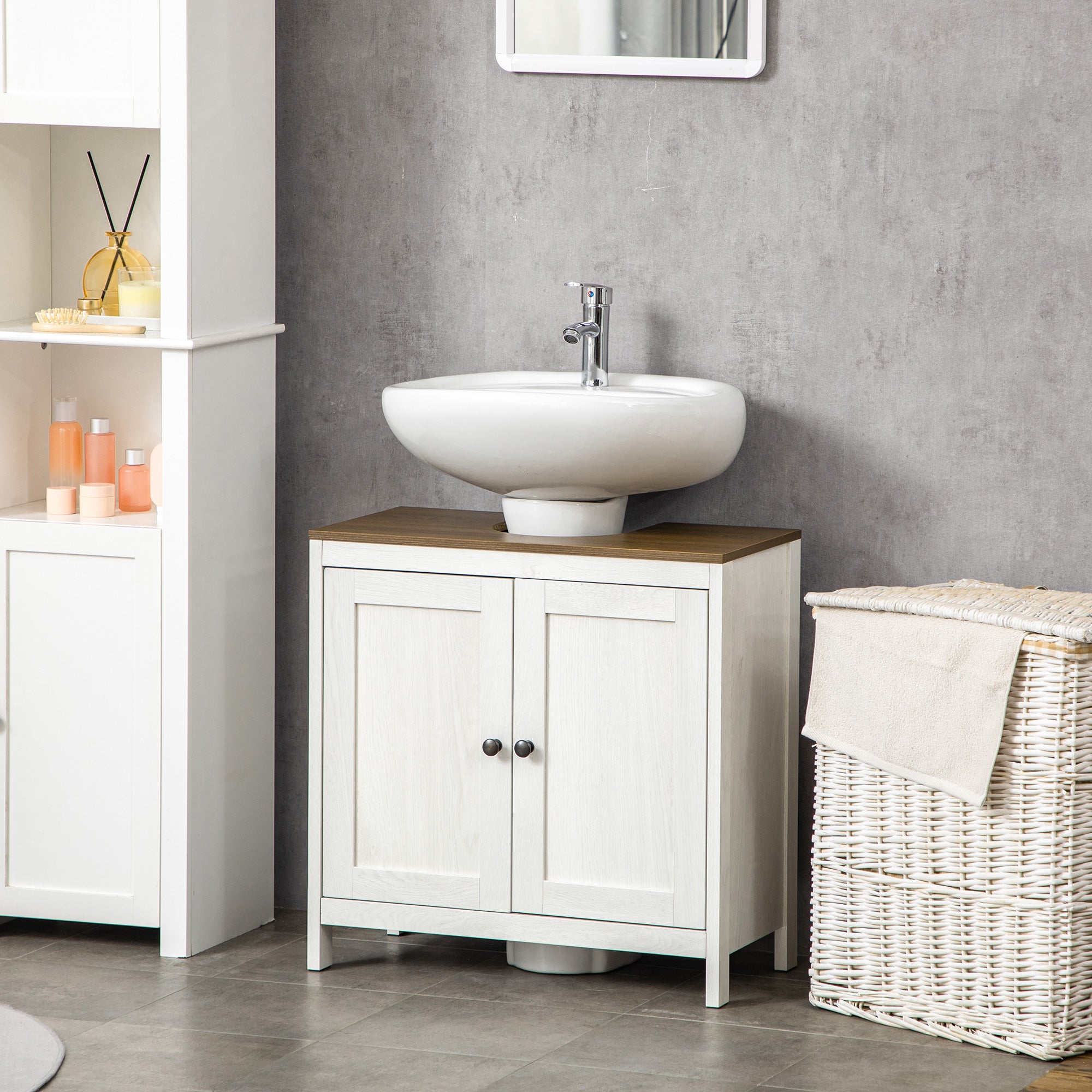 Meuble sous lavabo meuble de salle de bain 2 portes avec étagère 60 x 30 x 60 cm blanc et aspect bois - 4