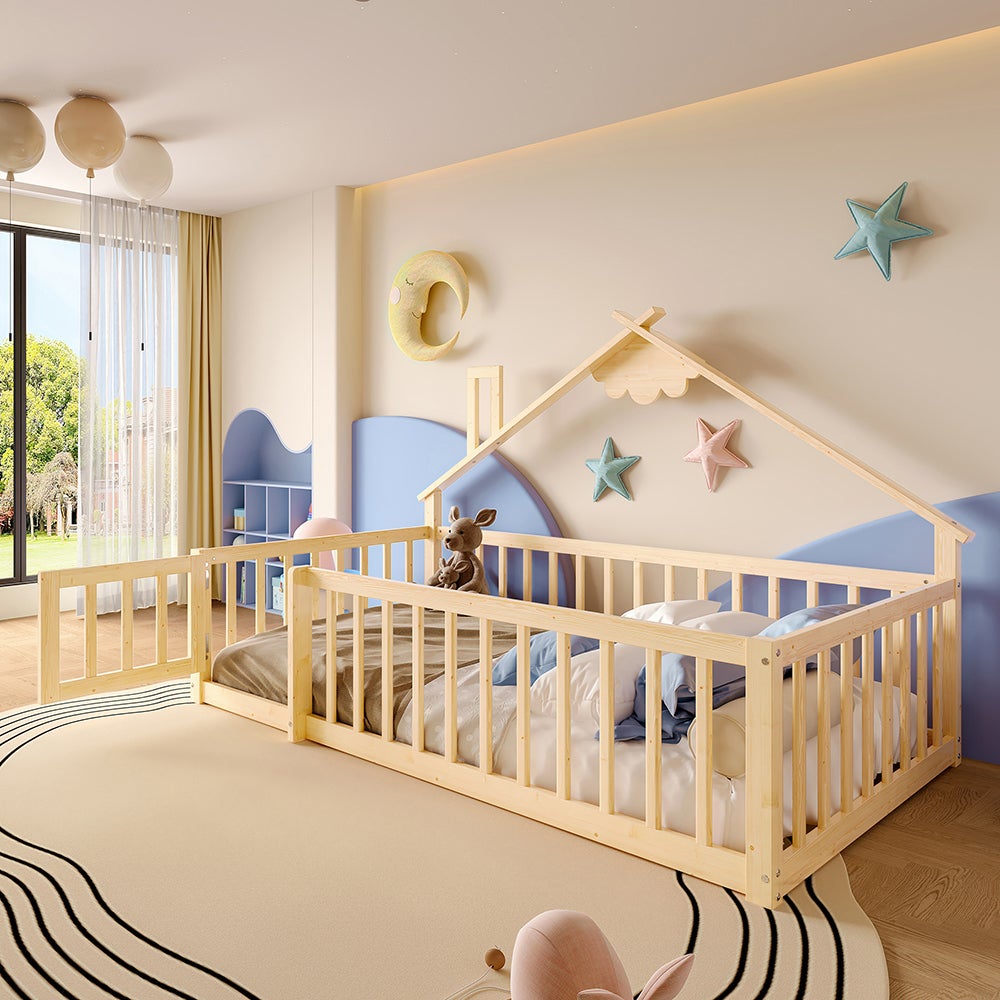 Lit cabane lit enfant 90x190 cm bordure barrière avec serrure bois de pin naturel - 6