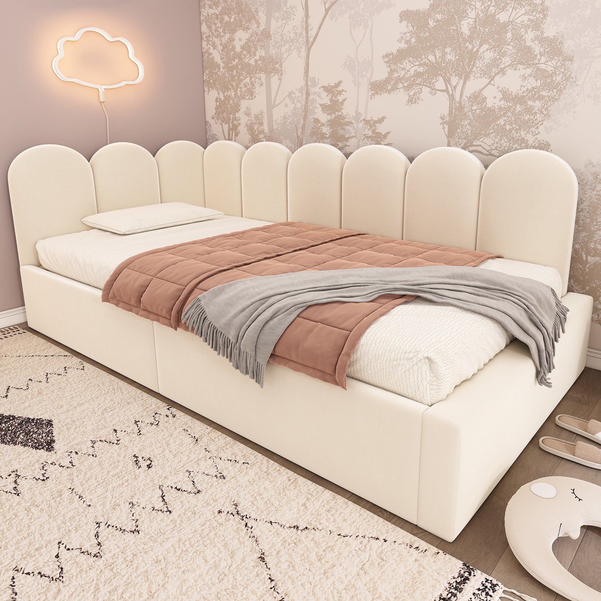 Lit coffre 90 x 190 cm avec tête de lit et dossier, canapé-lit - Velours - Sommier à lattes métalliques - Beige (sans matelas) - 4
