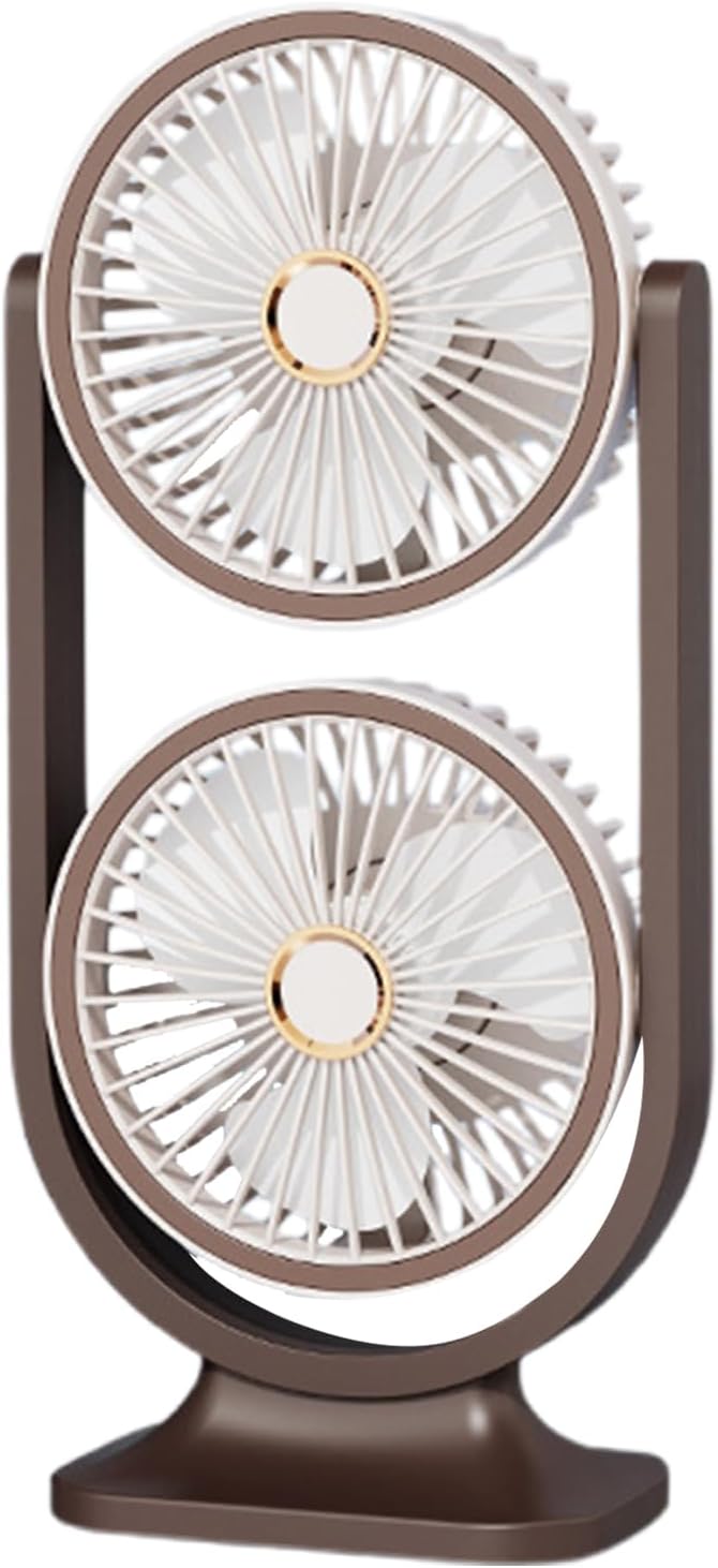 Wentylator stołowy, ładowany przez USB, cichy, dwugłowicowy, odpowiedni do użytku w domu, na zewnątrz, w podróży i w szkole, 14 x 9,5 x 30 cm, brązow