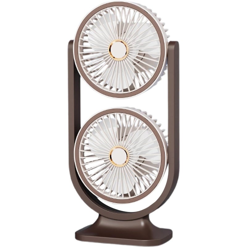 Wentylator stołowy, ładowany przez USB, cichy, dwugłowicowy, odpowiedni do użytku w domu, na zewnątrz, w podróży i w szkole, 14 x 9,5 x 30 cm, brązow