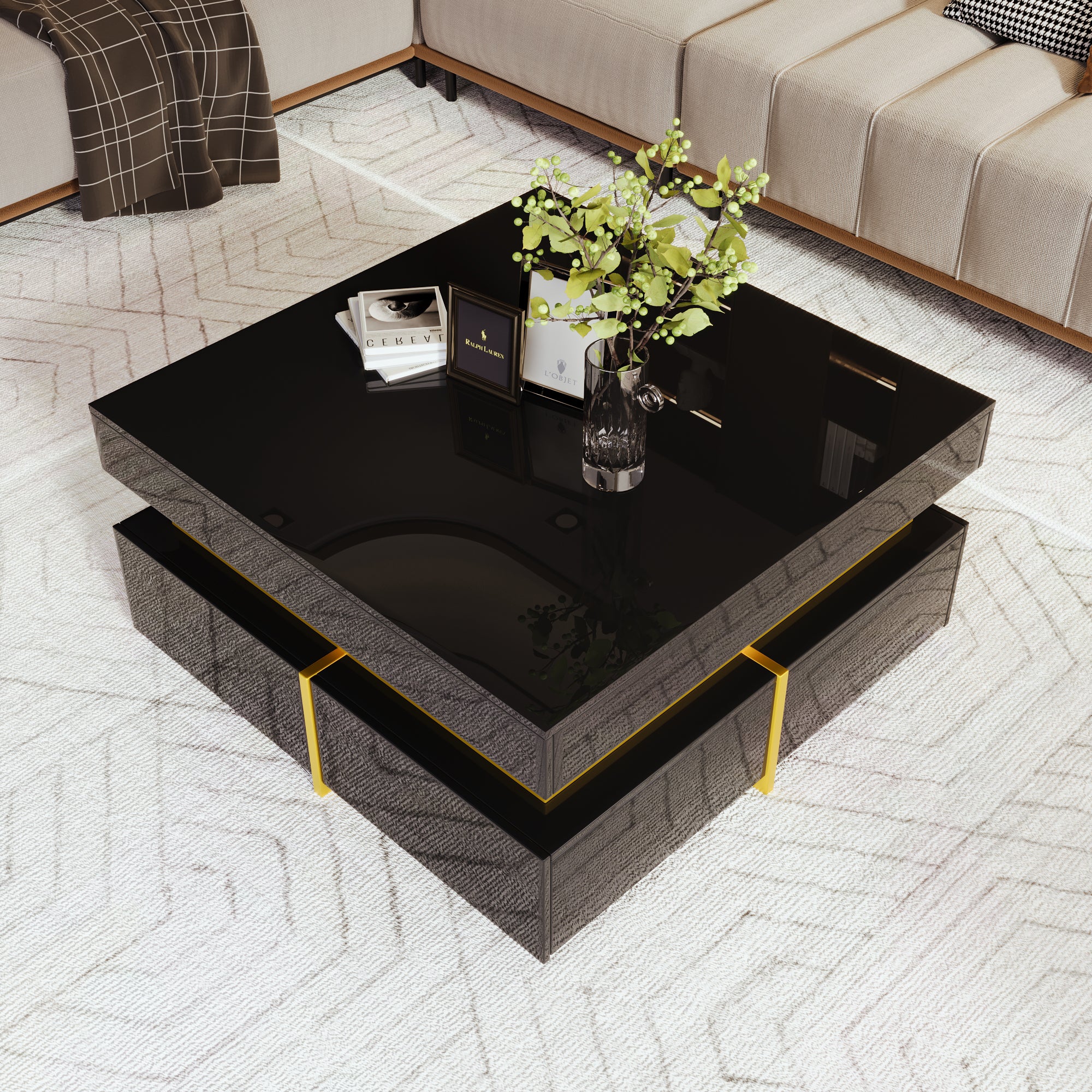 Table basse, table de salon brillante, table d'appoint avec tiroirs et touches dorées - 3