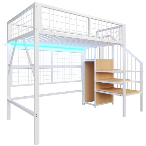 Lit mezzanine 90x200cm, lit enfant avec éclairage LED, escalier de rangement, penderie ouverte, garde-corps en filet, sans matelas, blanc - 5