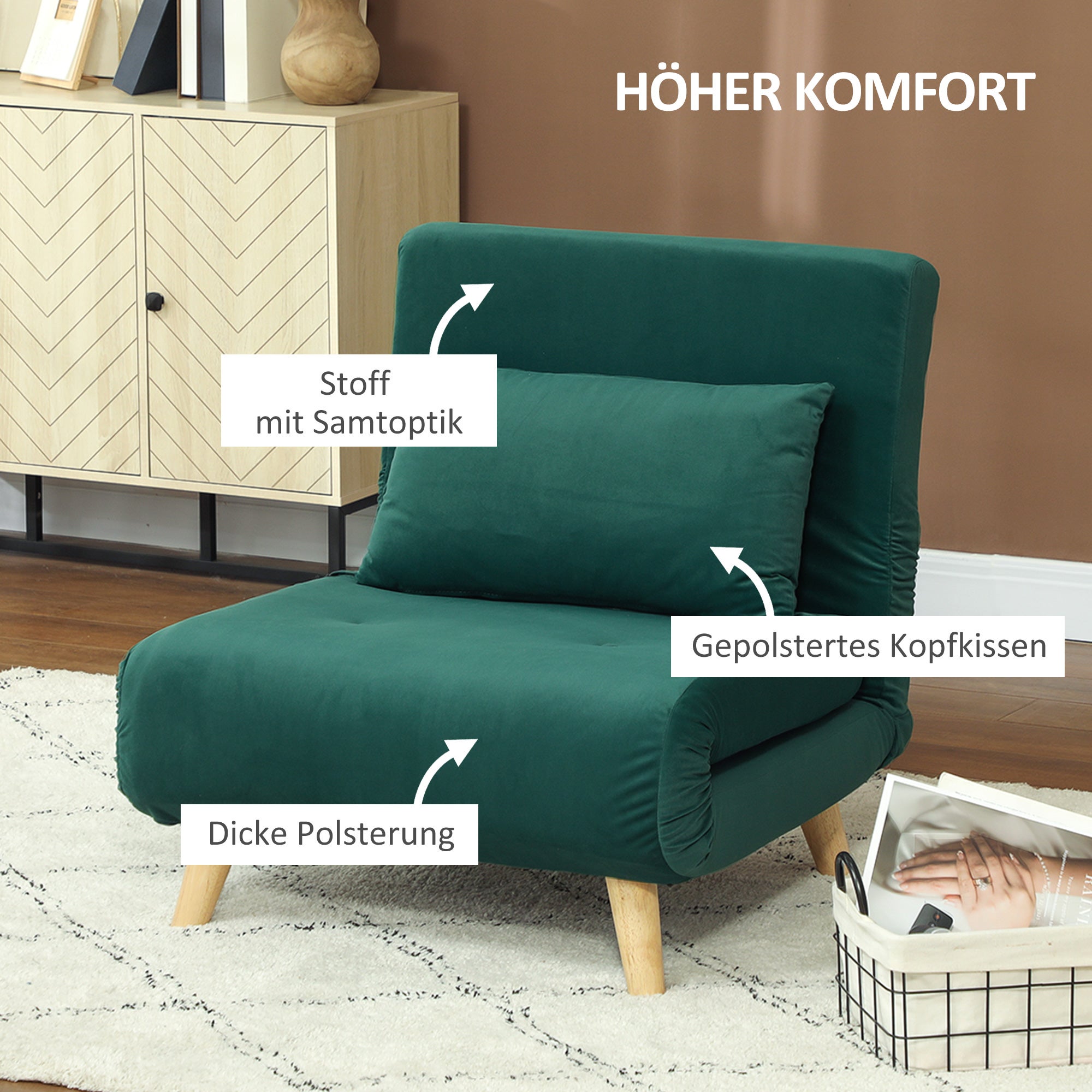 Fauteuil pliant convertible en lit, fauteuil lounge pliable en velours, dossier réglable, supporte jusqu'à 120 kg, vert foncé - 6