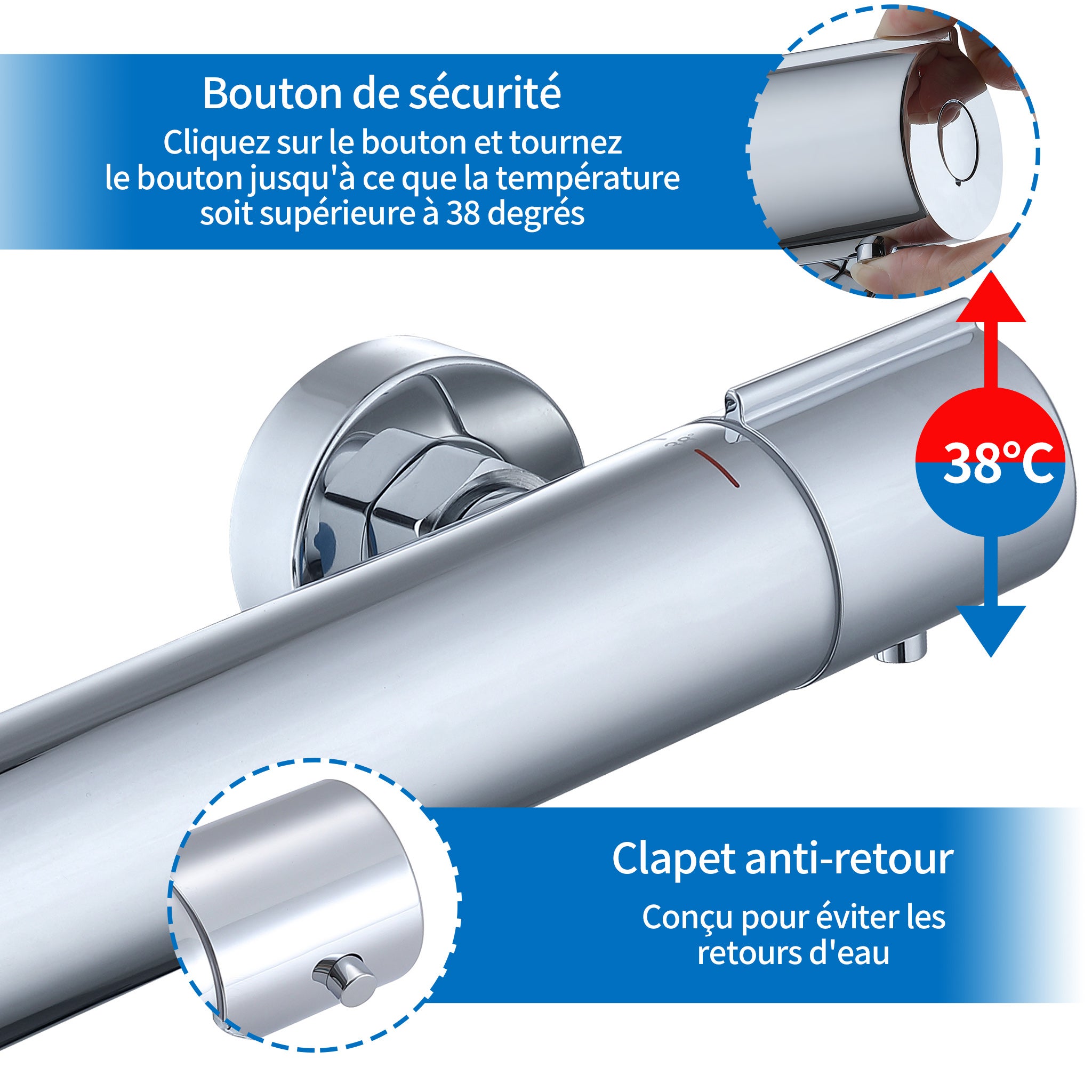 Mitigeur Thermostat Douche Robinet Mitigeur Douche pour Colonne de Douche Baignoire Robinetterie de Bain en Laiton Chromé - 4