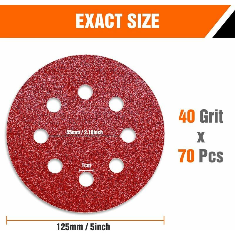 70 Pièces Disques Abrasifs 125mm Grain 40 Papier Poncer 8 Trous Disque Poncage pour Ponceuse Excentrique - 4