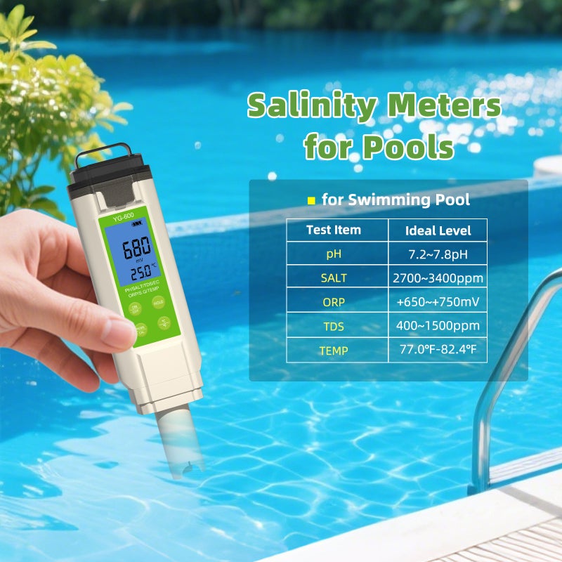 Testeur de sel 7 en 1 pour piscines, mesureur numérique salinité pH ORP, qualité de l'eau (chlorure de sodium) - 6