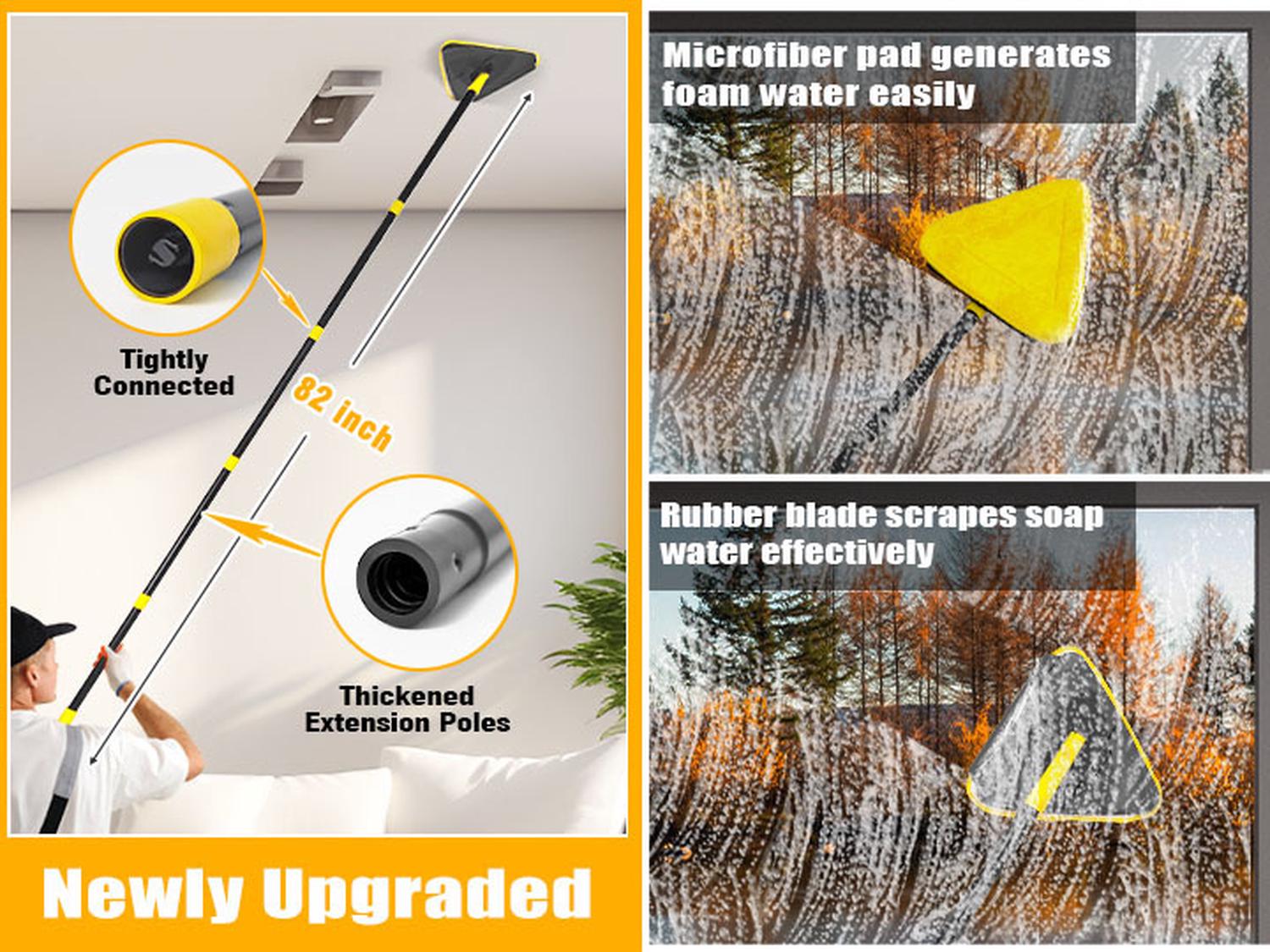 Balai Plafond Triangulaire avec 208 cm Longue Poignée, Dernier cri 180°Serpillère Pliable avec 6 Microfibre Chenille Pads pour Mur, Plafond (Jaune) - 7