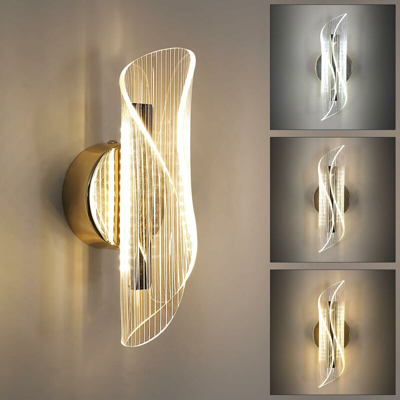 Nowoczesna 12W ściemnialna lampa ścienna LED, trójkolorowe światło do sypialni, salonu, przedpokoju, przedpokoju, złota